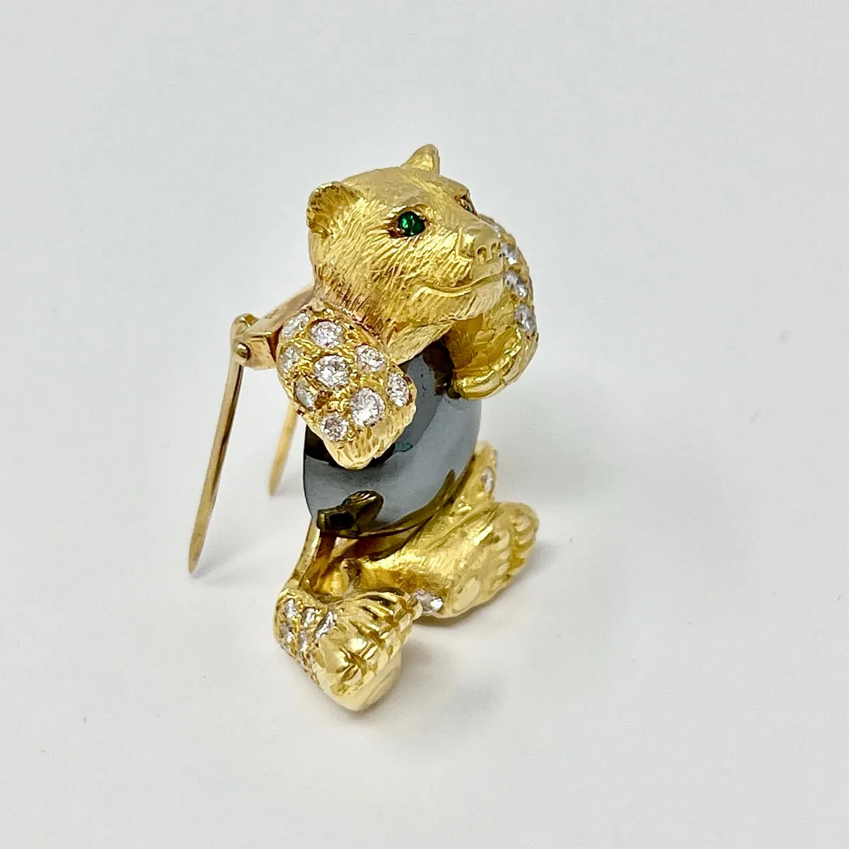 18K Gold Teddy Bear Pin with 60 Diamonds and Round Hematite