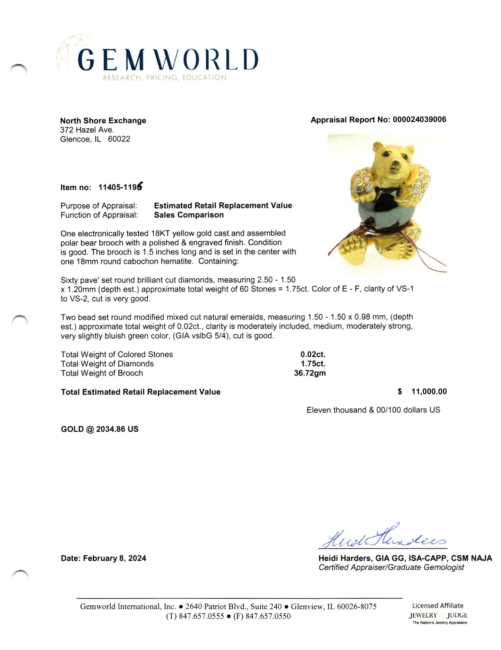 18K Gold Teddy Bear Pin with 60 Diamonds and Round Hematite