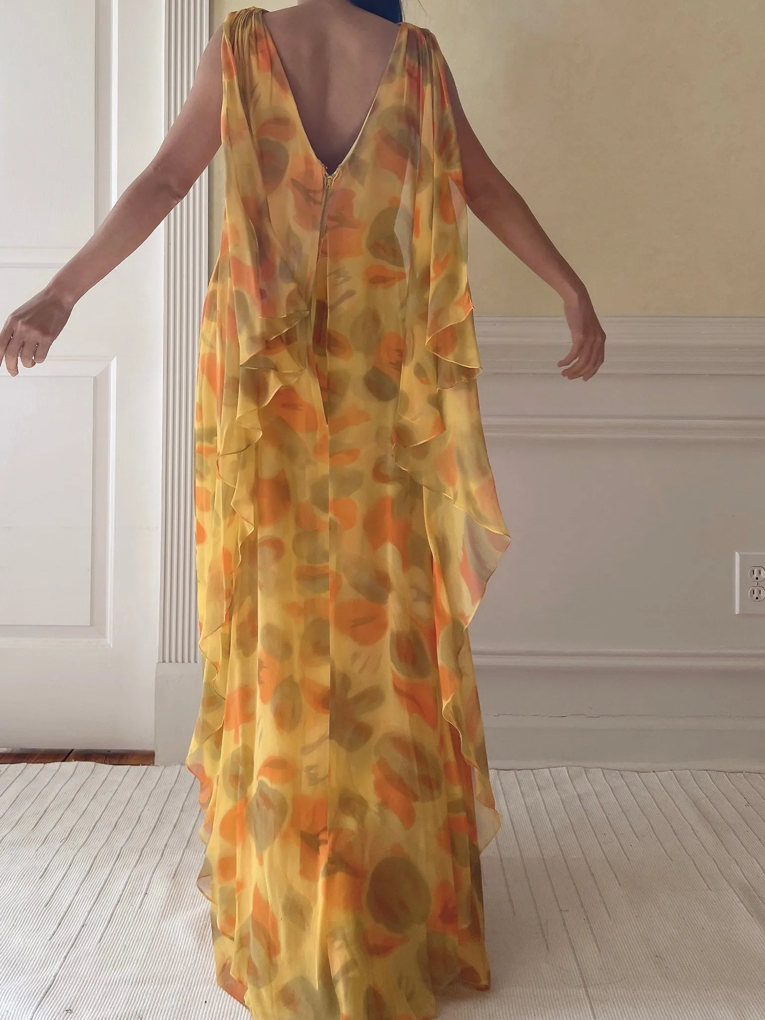 1960s Silk Chiffon Cape Gown - M