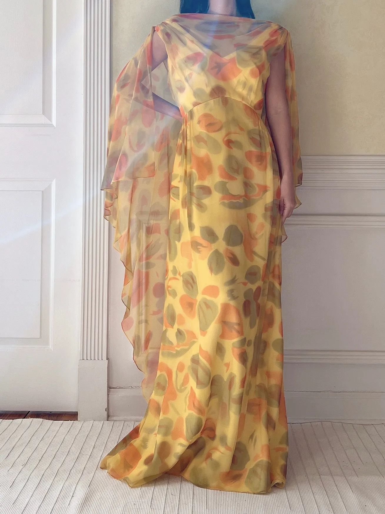 1960s Silk Chiffon Cape Gown - M