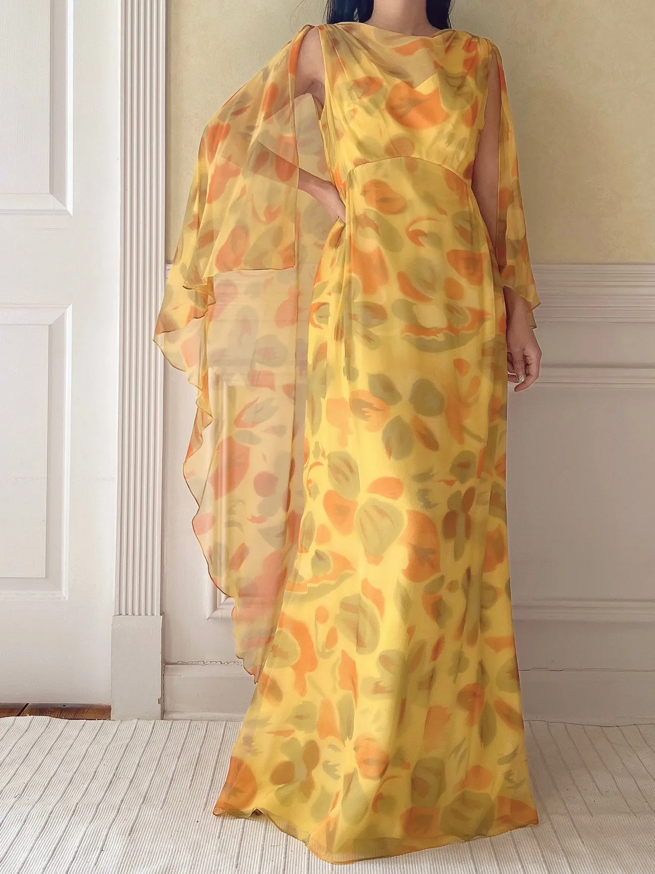 1960s Silk Chiffon Cape Gown - M