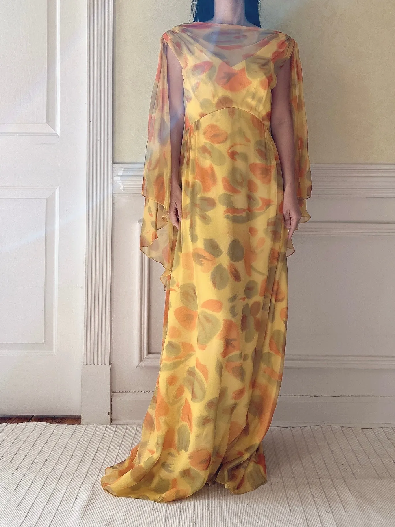 1960s Silk Chiffon Cape Gown - M
