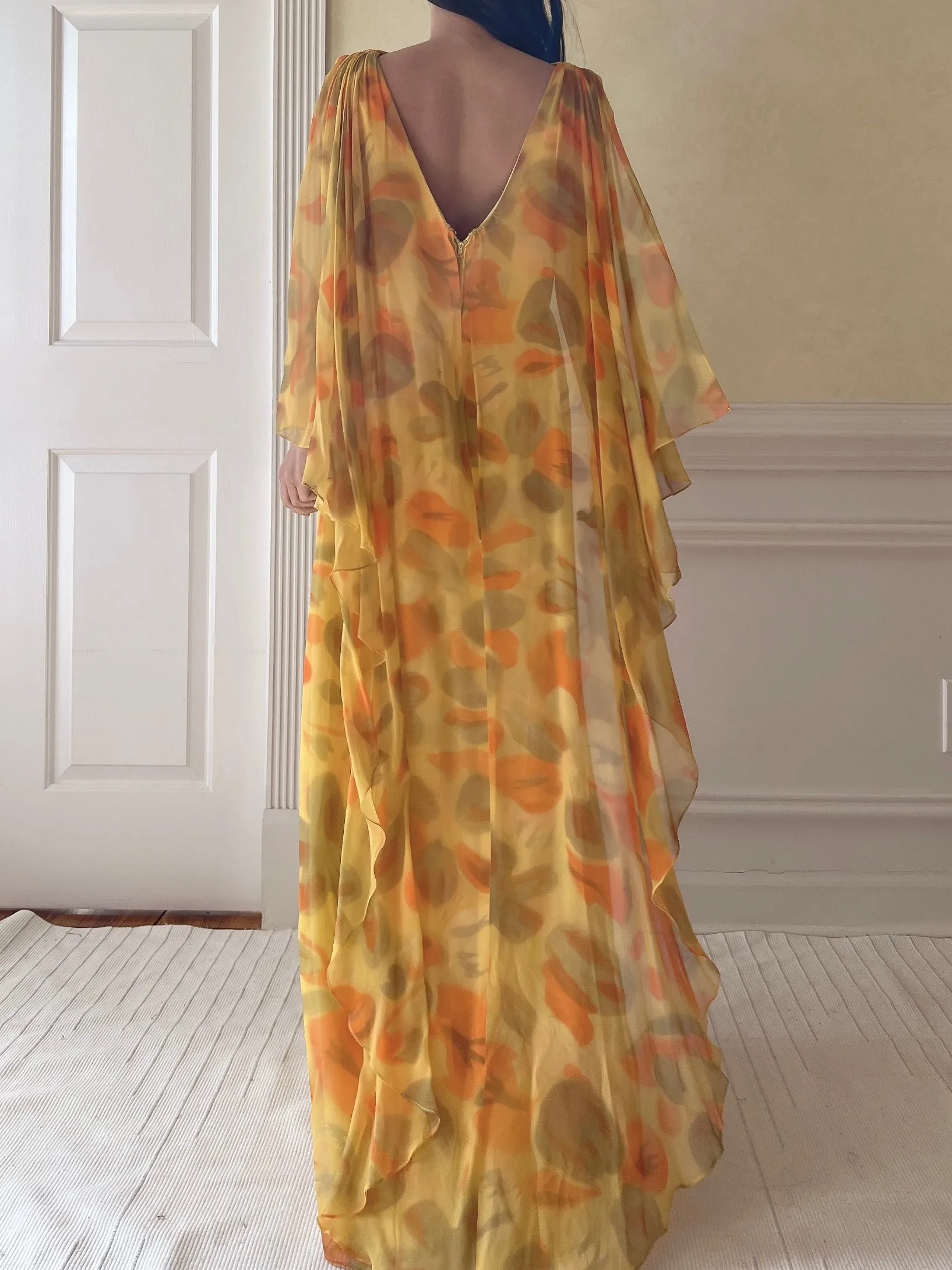 1960s Silk Chiffon Cape Gown - M