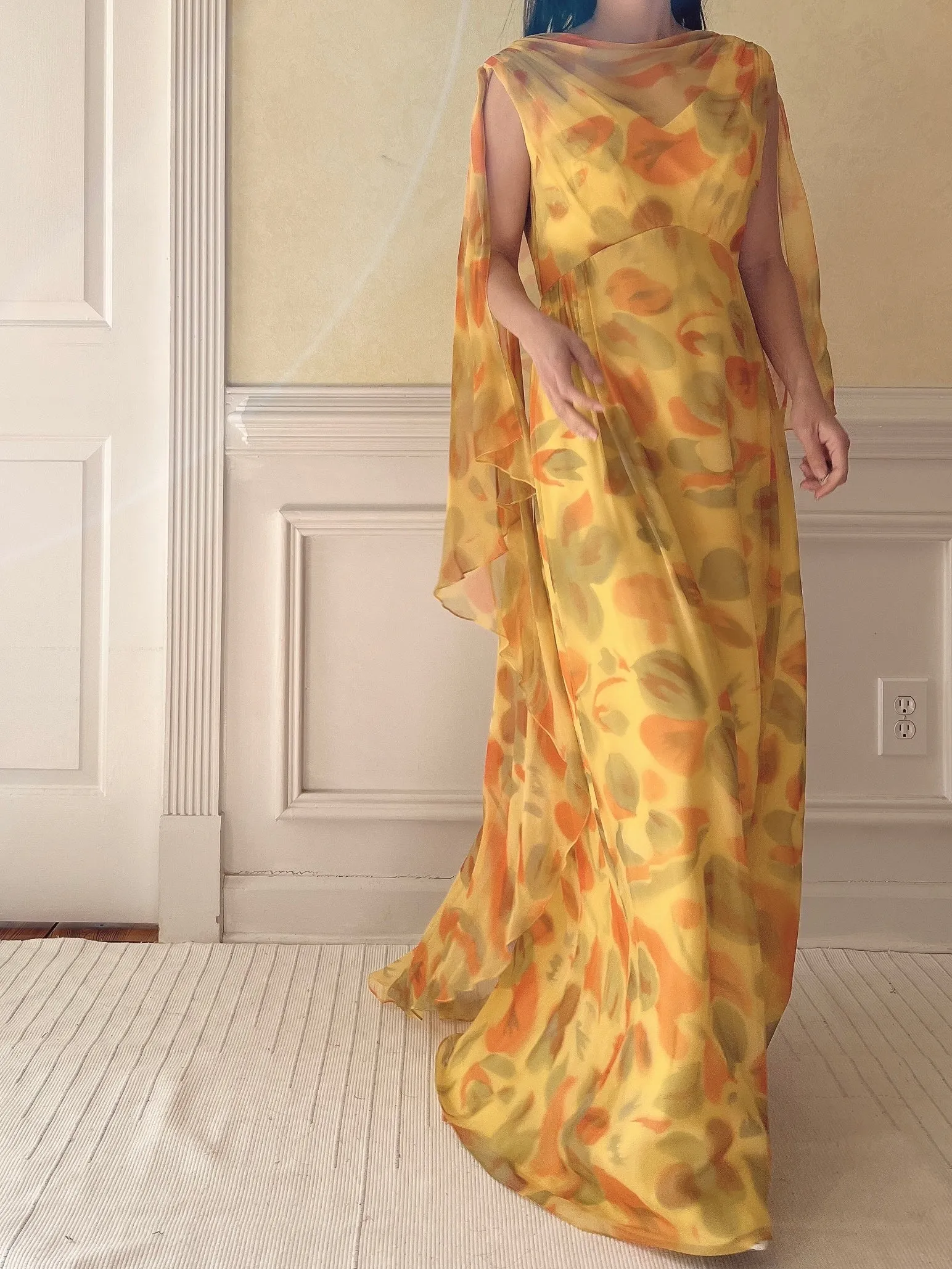1960s Silk Chiffon Cape Gown - M