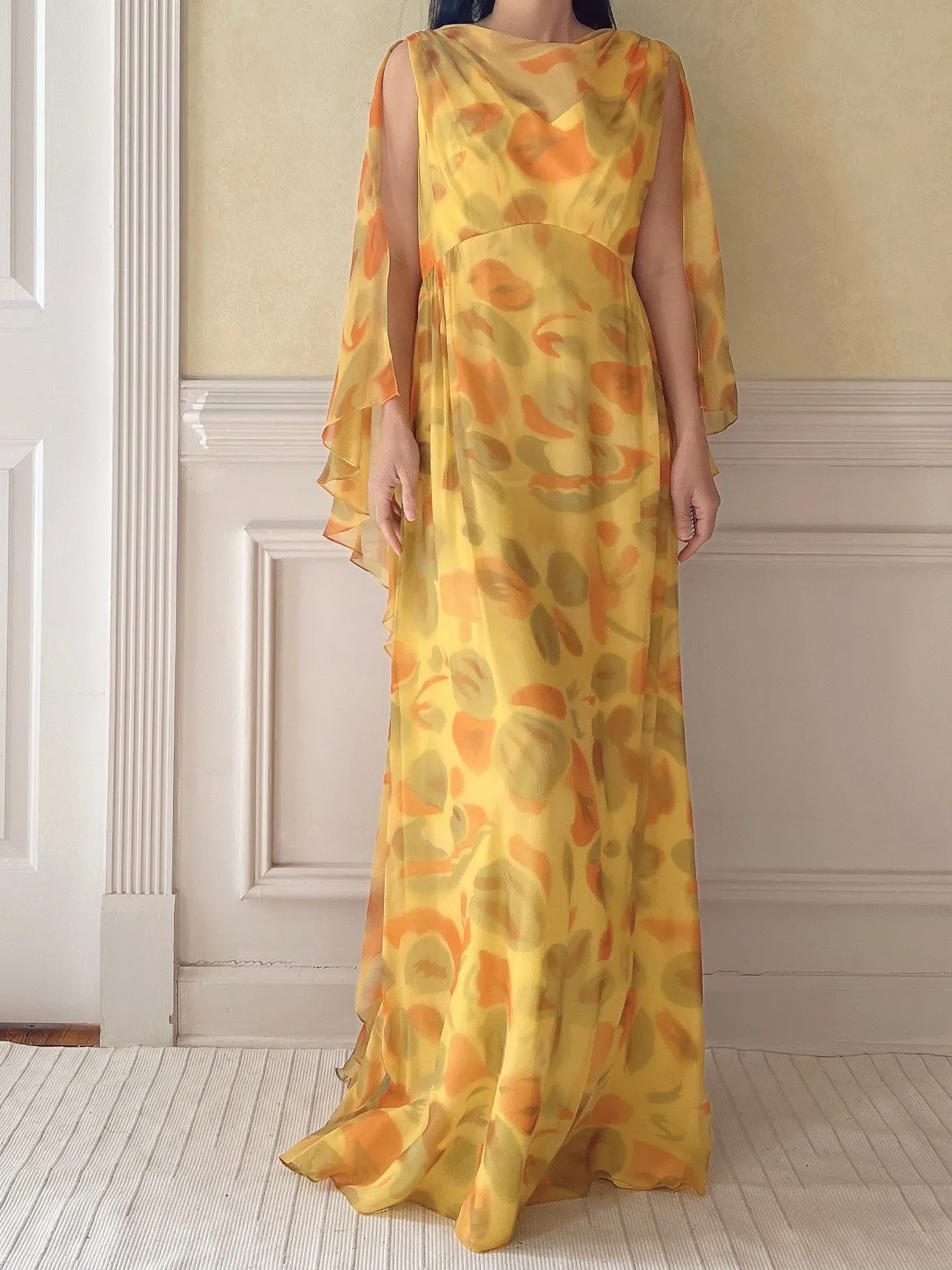 1960s Silk Chiffon Cape Gown - M