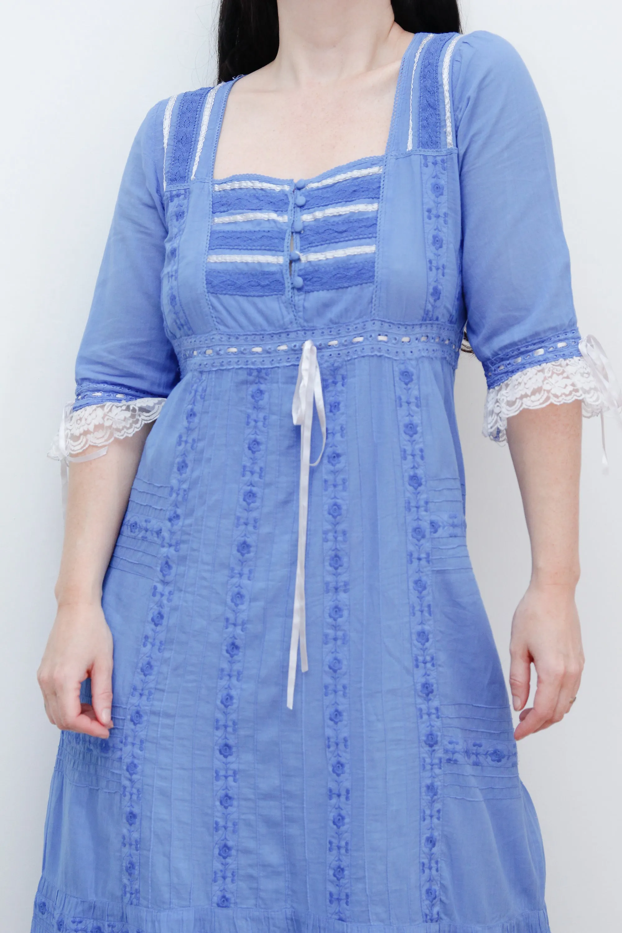 1970's Floral Embroidery Mexican Cotton Lace Prairie Maxi Dress