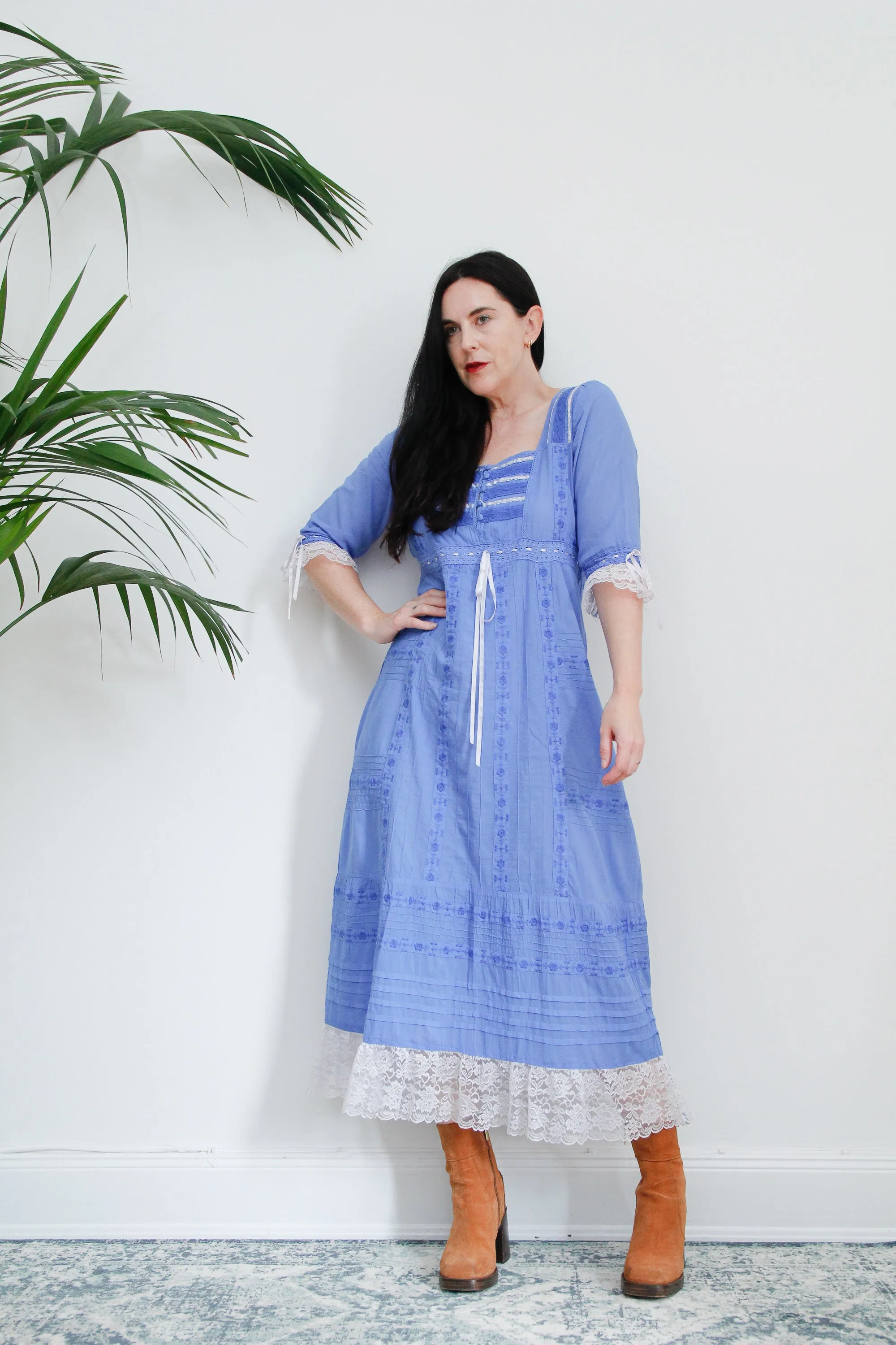 1970's Floral Embroidery Mexican Cotton Lace Prairie Maxi Dress