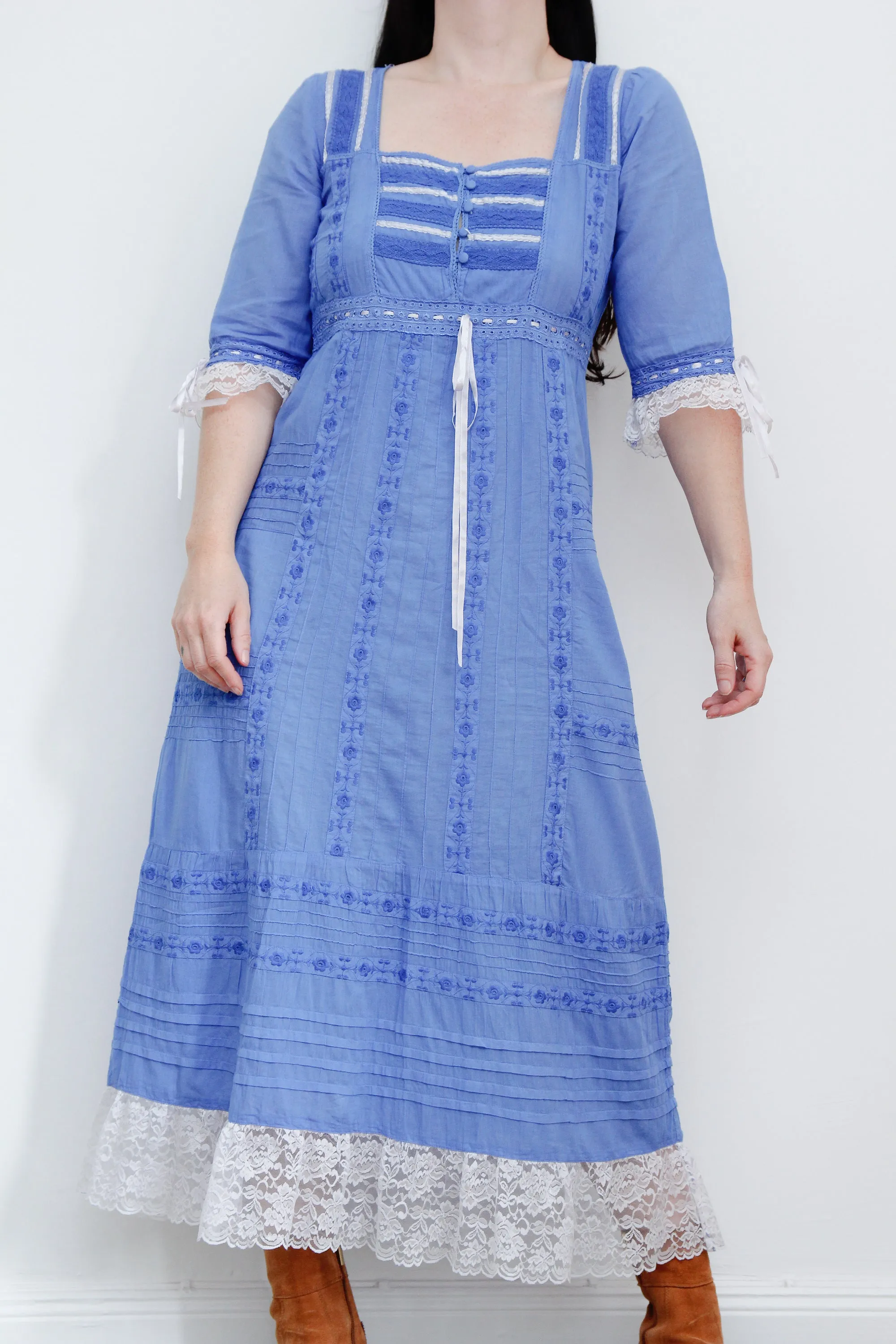 1970's Floral Embroidery Mexican Cotton Lace Prairie Maxi Dress