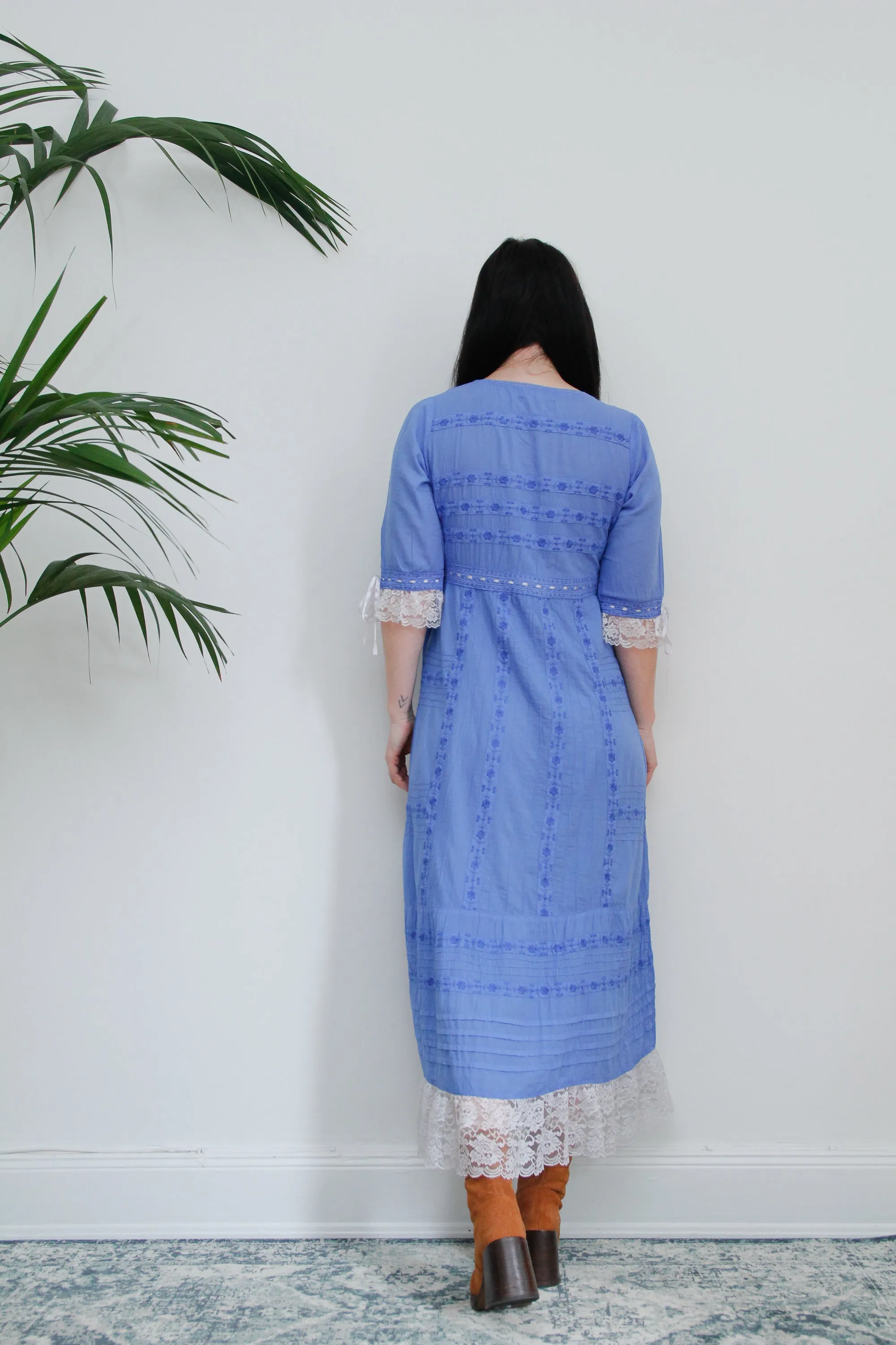 1970's Floral Embroidery Mexican Cotton Lace Prairie Maxi Dress