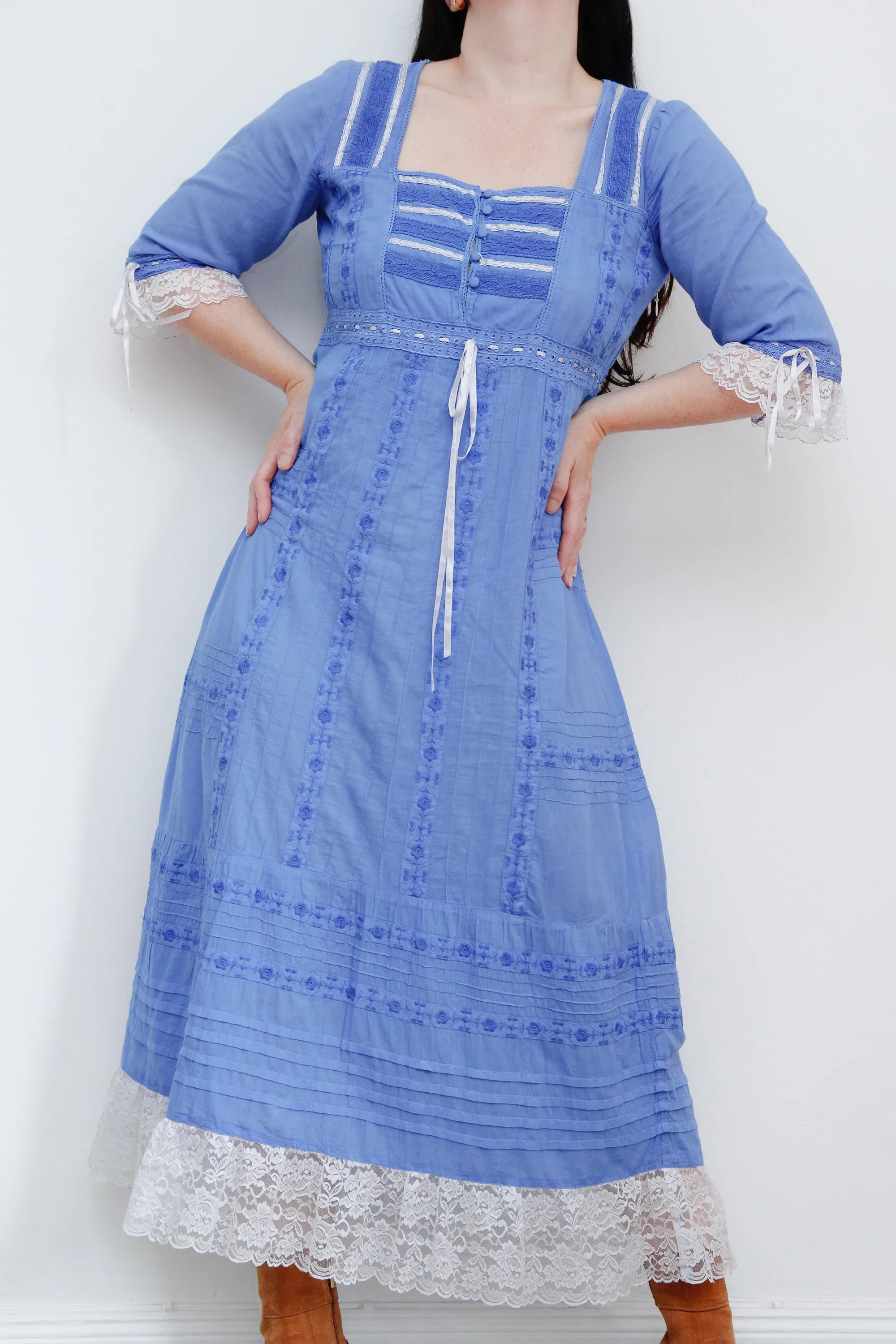 1970's Floral Embroidery Mexican Cotton Lace Prairie Maxi Dress