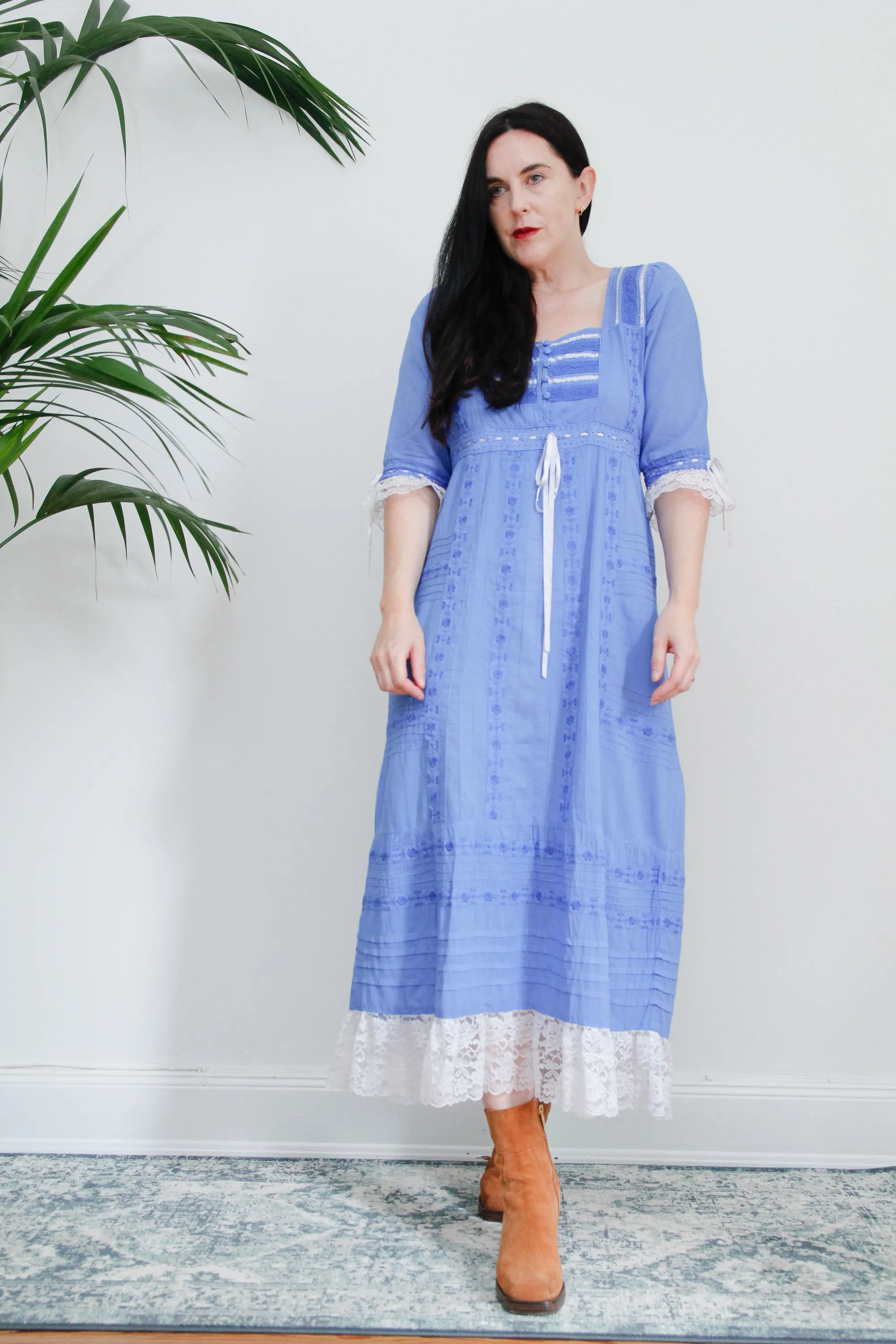 1970's Floral Embroidery Mexican Cotton Lace Prairie Maxi Dress