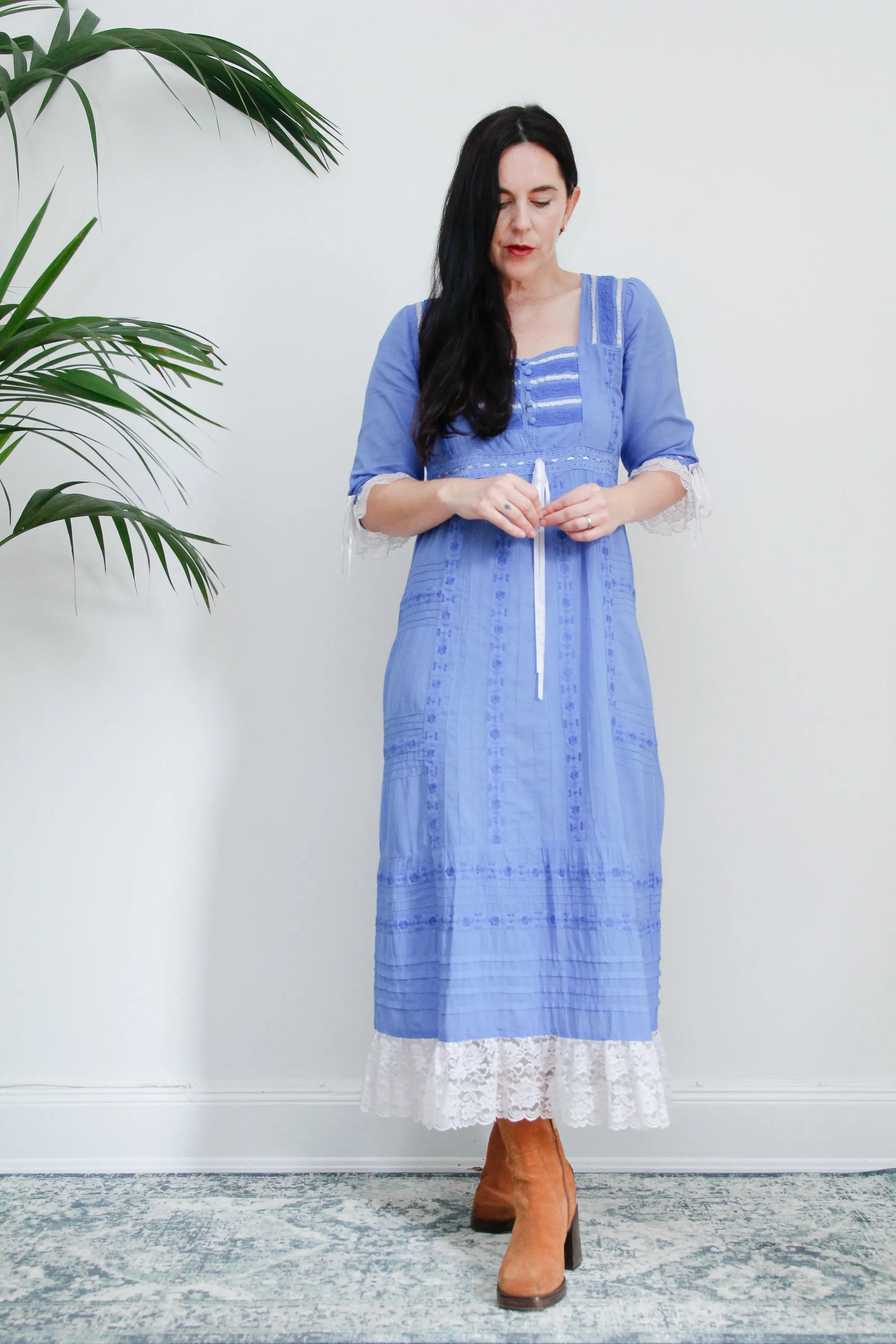 1970's Floral Embroidery Mexican Cotton Lace Prairie Maxi Dress