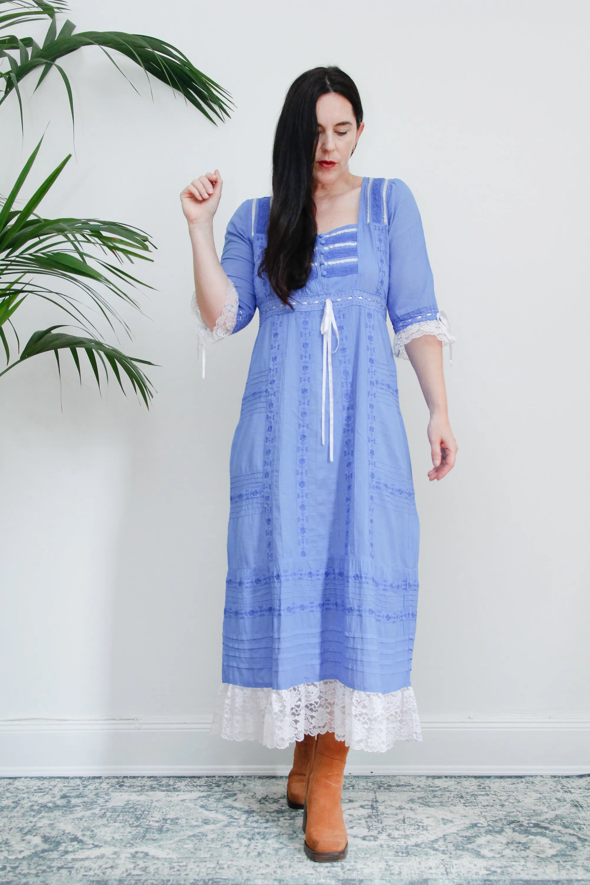 1970's Floral Embroidery Mexican Cotton Lace Prairie Maxi Dress