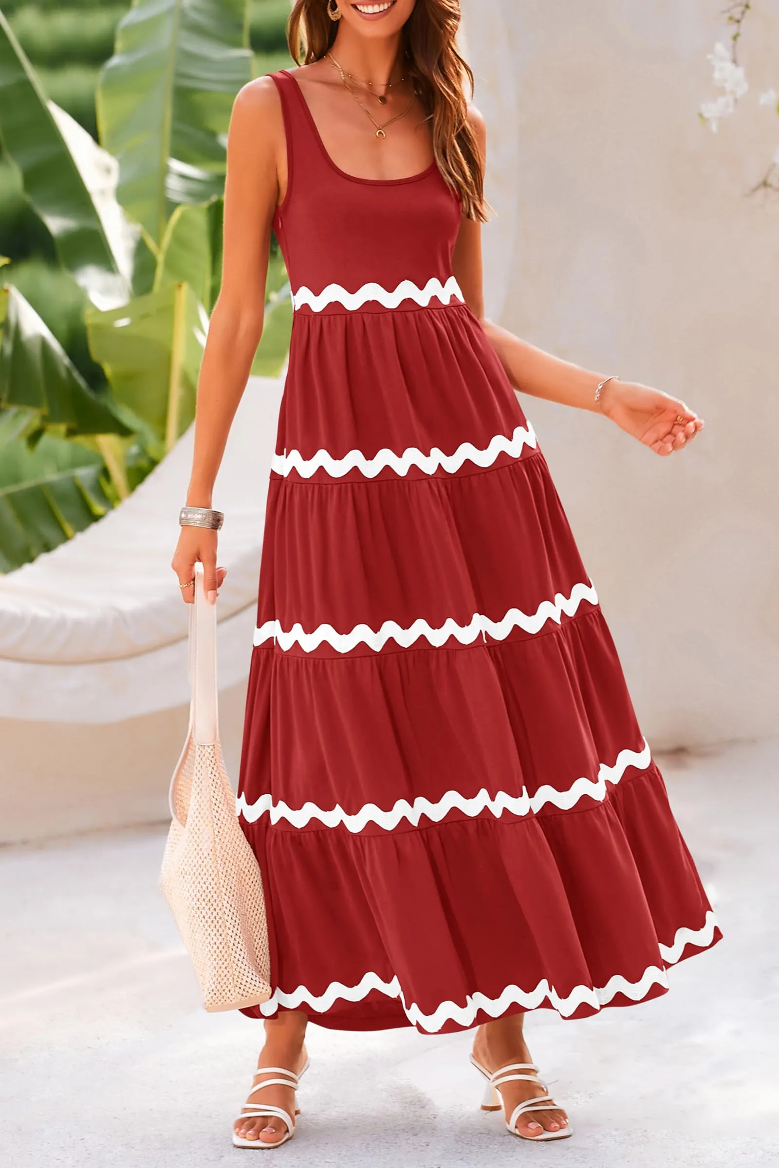 2024 Summer Sundresses Sleeveless Scoop Neck Tiered Flowy Beach Vacation Party Long Maxi Dress