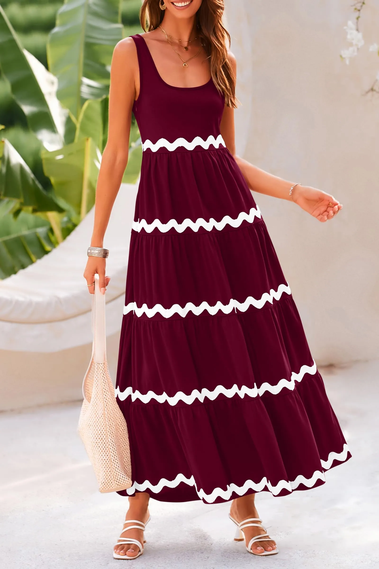 2024 Summer Sundresses Sleeveless Scoop Neck Tiered Flowy Beach Vacation Party Long Maxi Dress