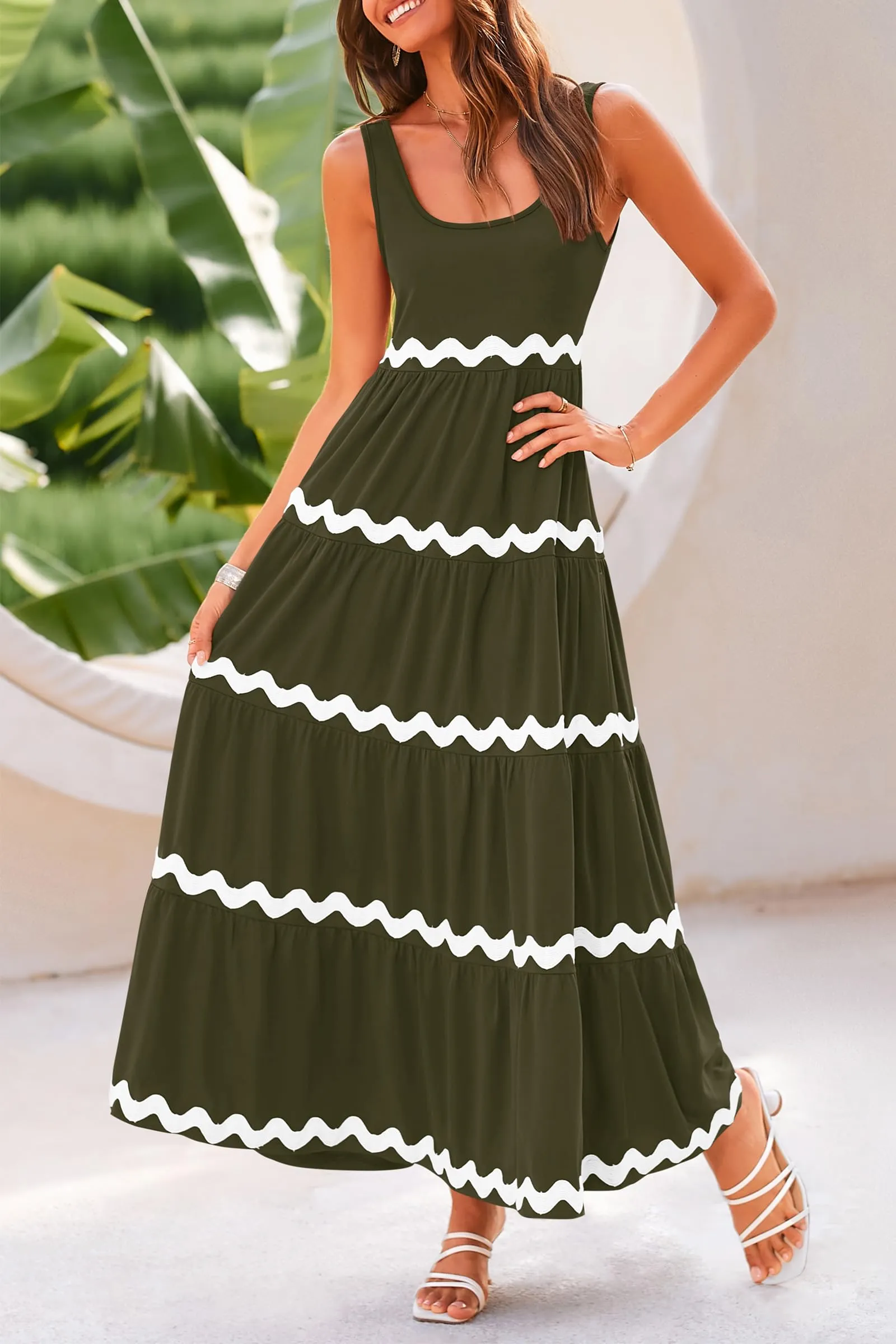 2024 Summer Sundresses Sleeveless Scoop Neck Tiered Flowy Beach Vacation Party Long Maxi Dress