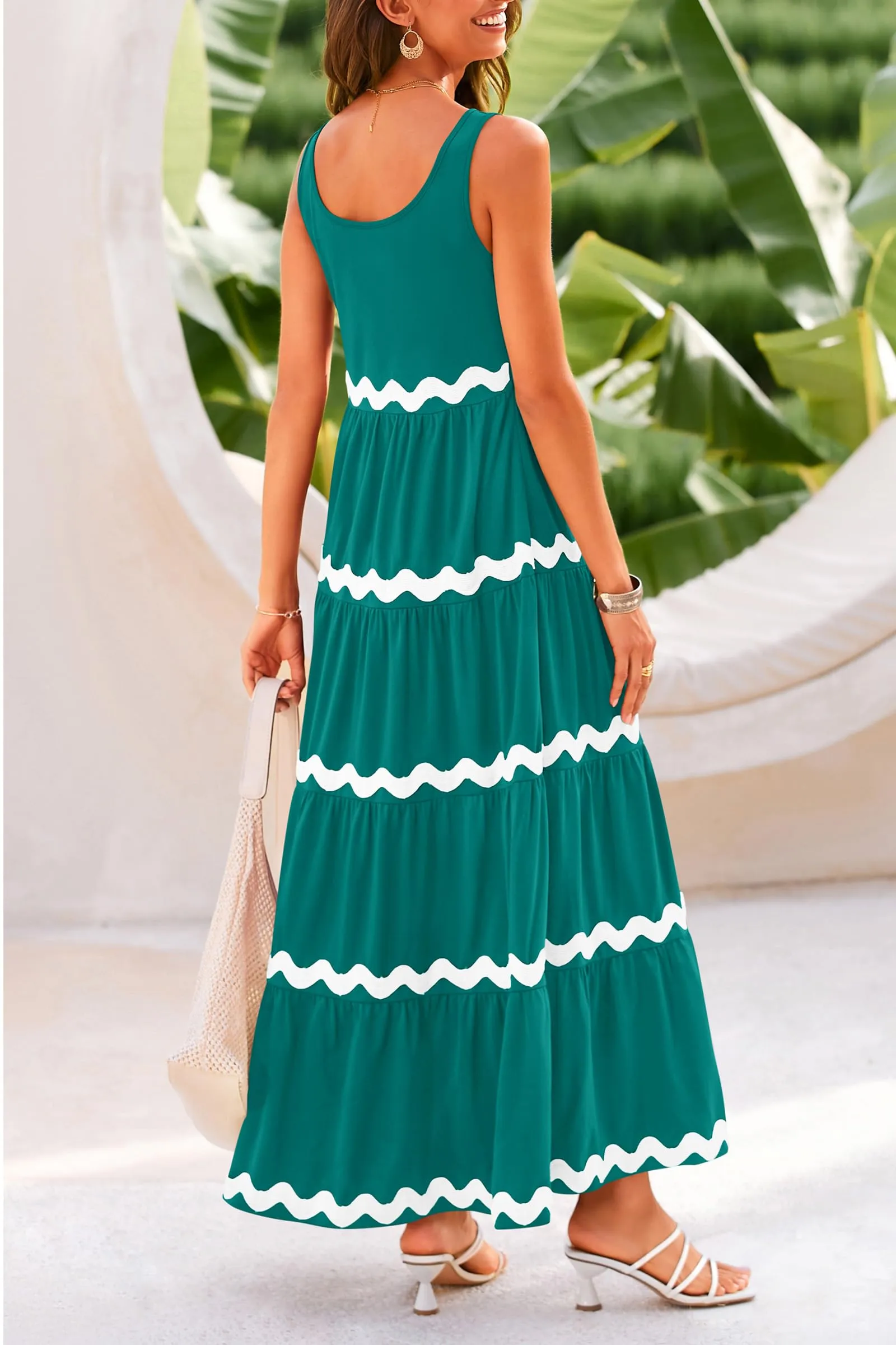 2024 Summer Sundresses Sleeveless Scoop Neck Tiered Flowy Beach Vacation Party Long Maxi Dress