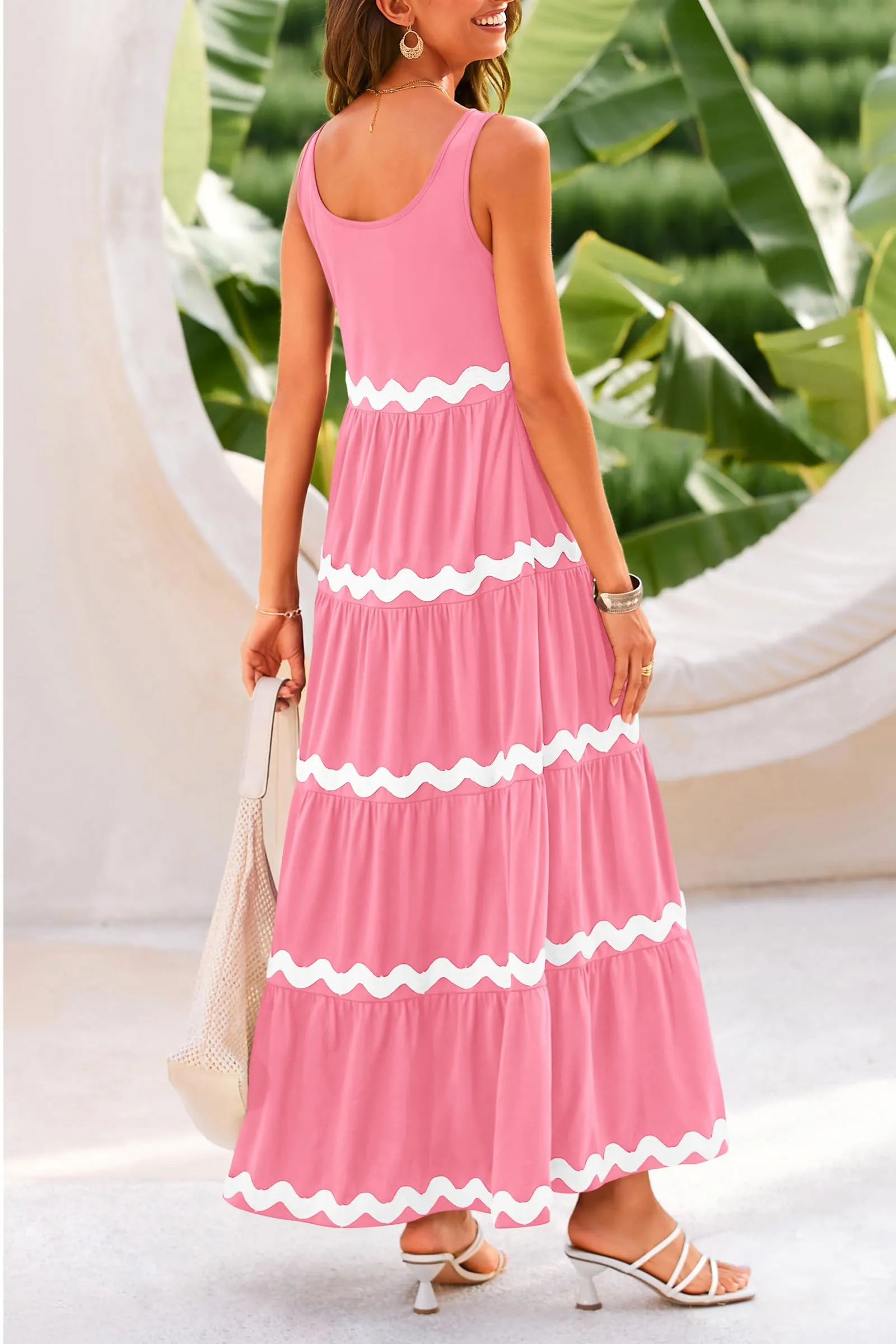2024 Summer Sundresses Sleeveless Scoop Neck Tiered Flowy Beach Vacation Party Long Maxi Dress