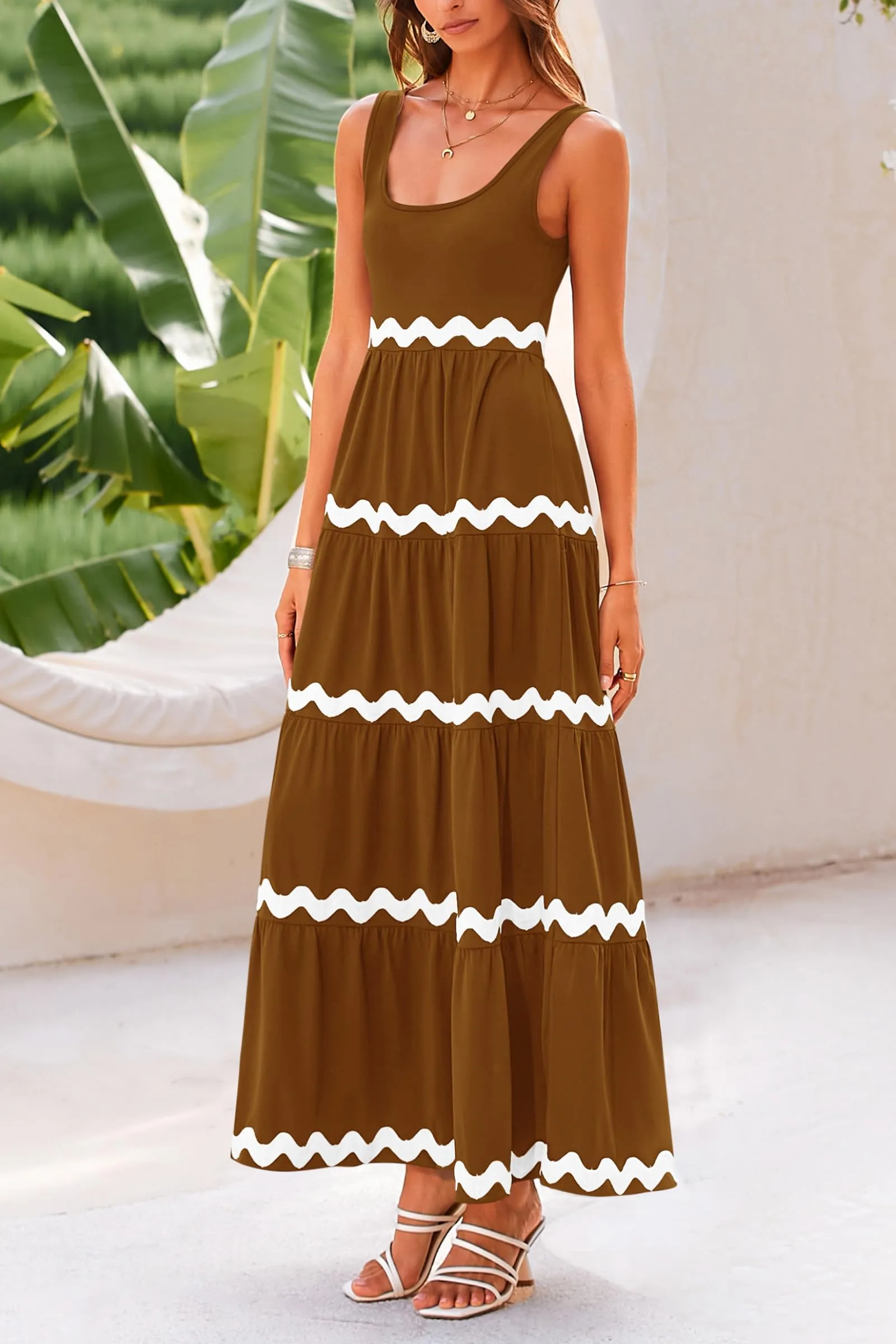 2024 Summer Sundresses Sleeveless Scoop Neck Tiered Flowy Beach Vacation Party Long Maxi Dress
