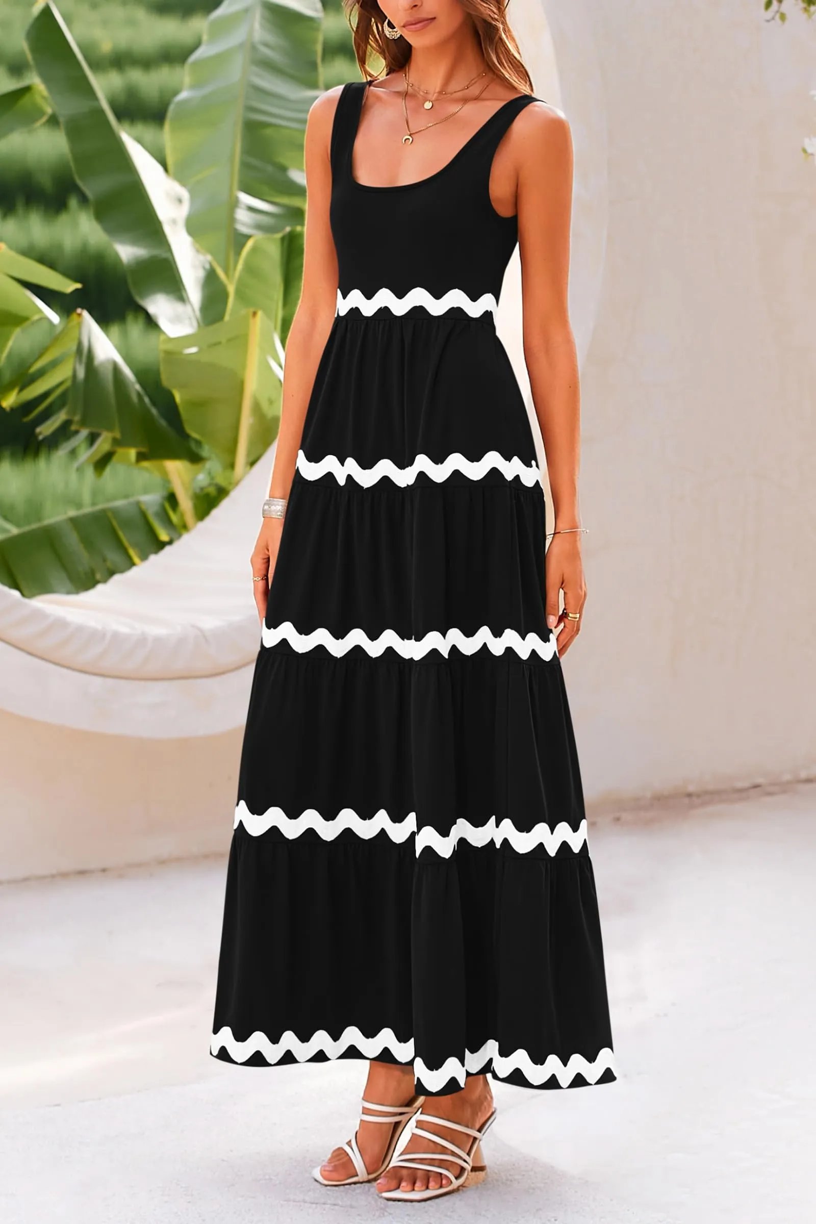 2024 Summer Sundresses Sleeveless Scoop Neck Tiered Flowy Beach Vacation Party Long Maxi Dress