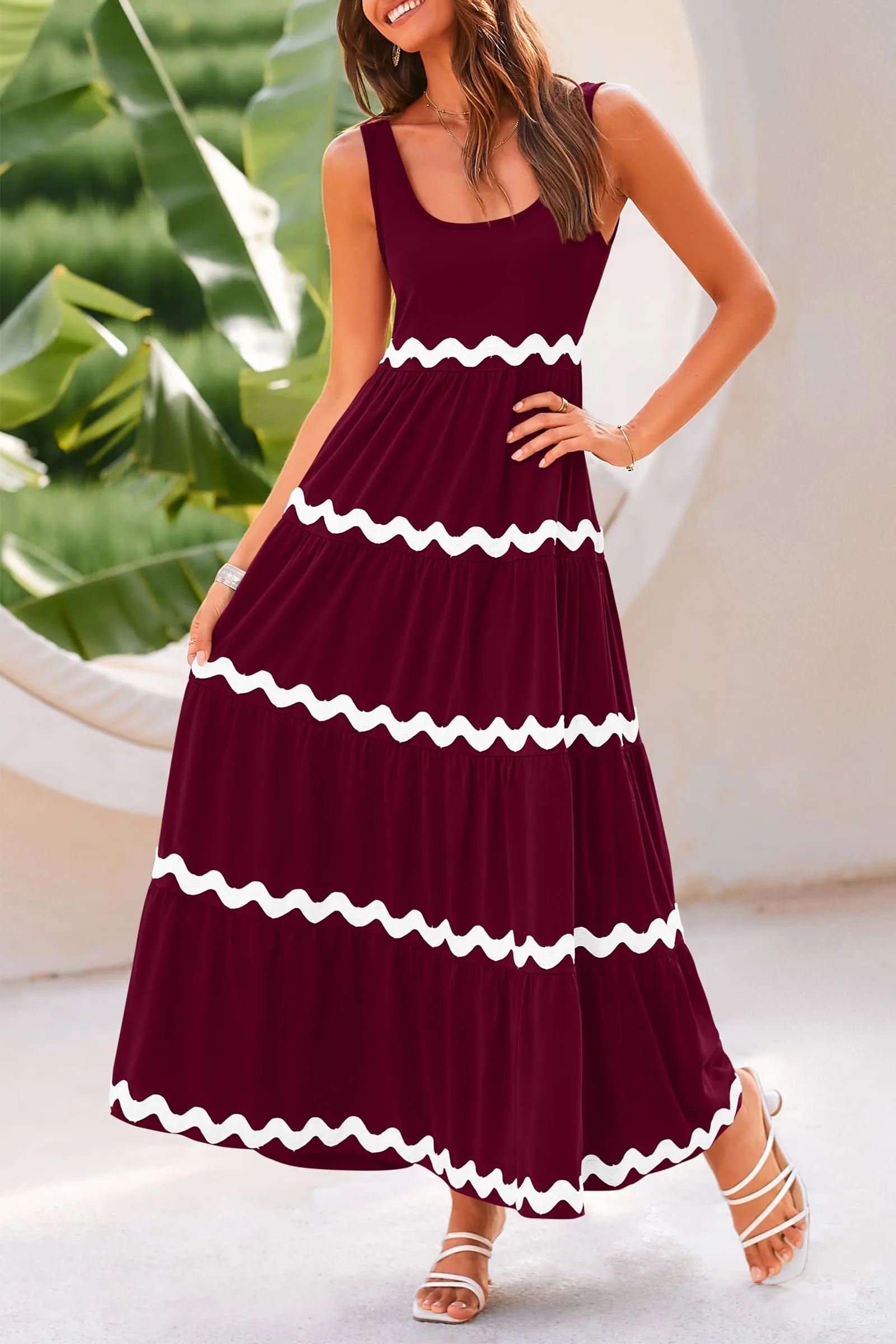 2024 Summer Sundresses Sleeveless Scoop Neck Tiered Flowy Beach Vacation Party Long Maxi Dress