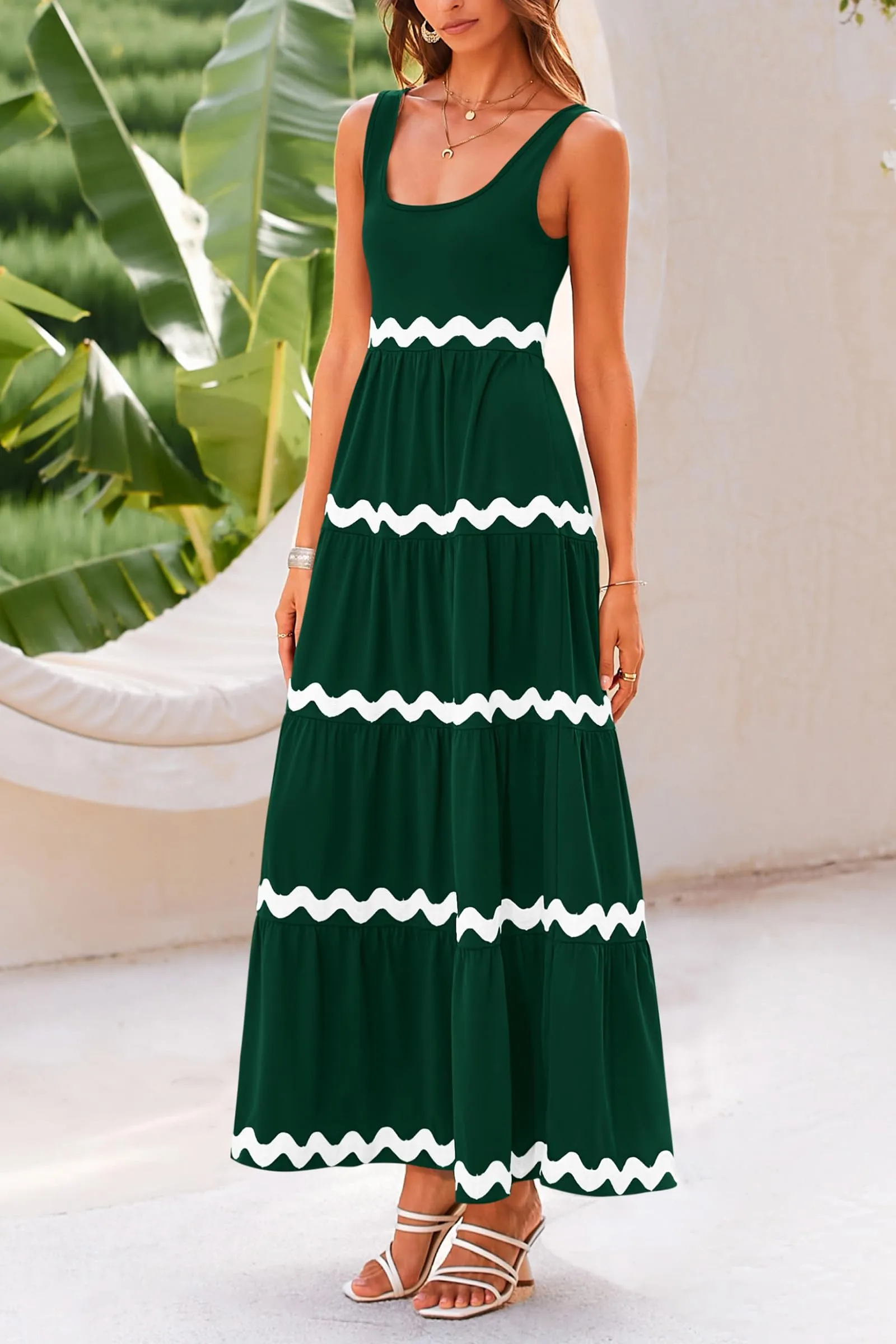 2024 Summer Sundresses Sleeveless Scoop Neck Tiered Flowy Beach Vacation Party Long Maxi Dress