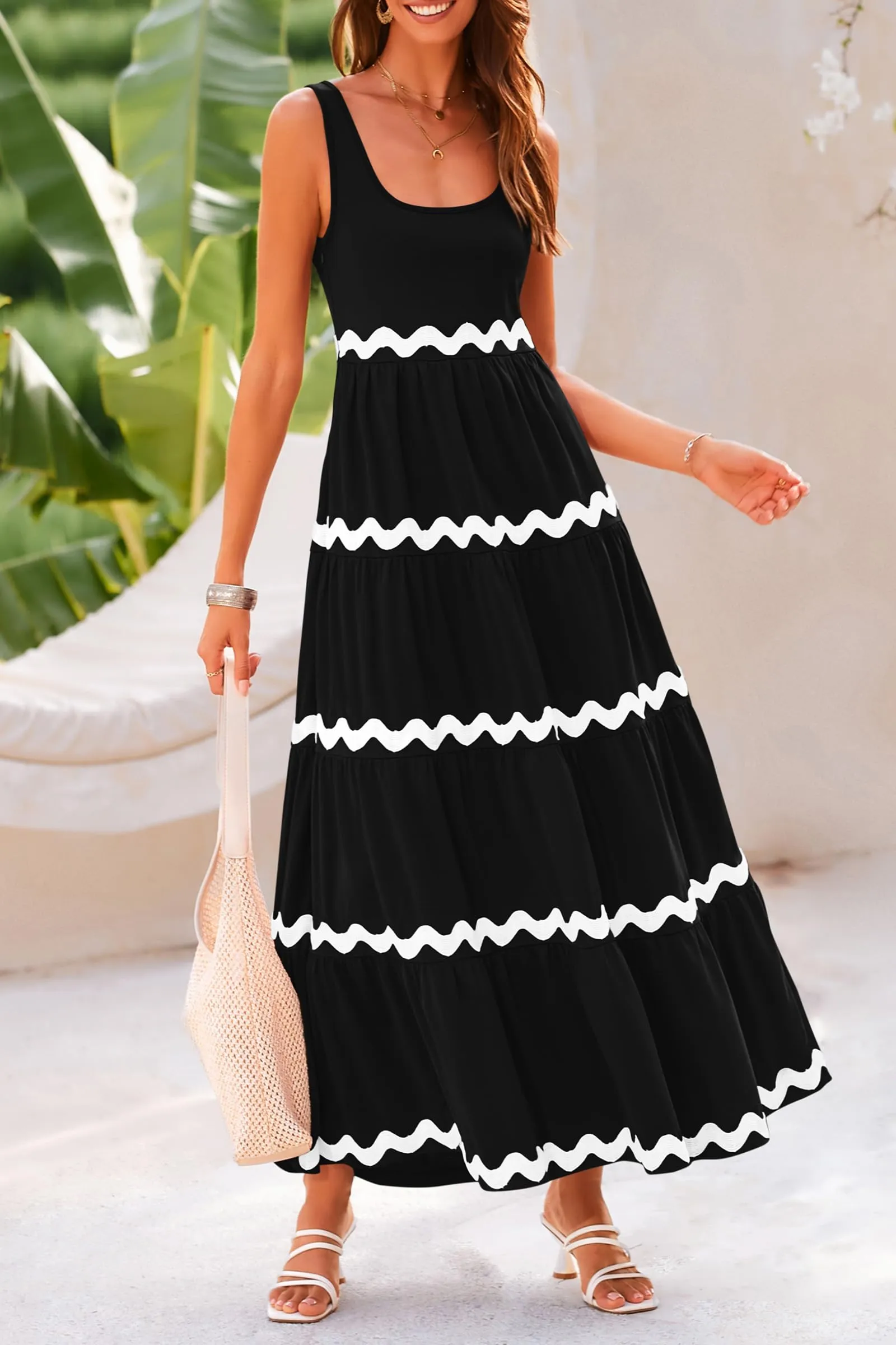 2024 Summer Sundresses Sleeveless Scoop Neck Tiered Flowy Beach Vacation Party Long Maxi Dress