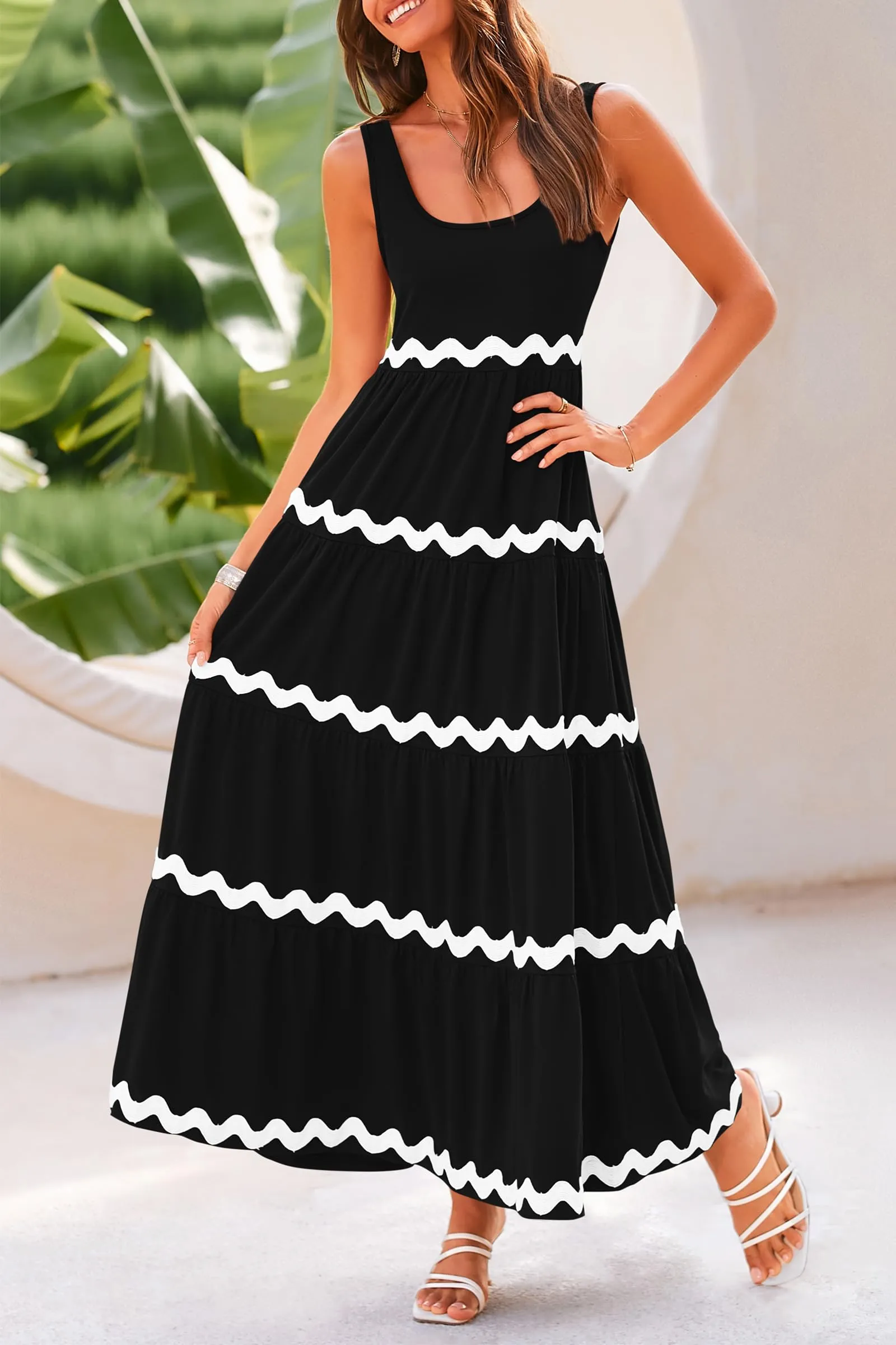 2024 Summer Sundresses Sleeveless Scoop Neck Tiered Flowy Beach Vacation Party Long Maxi Dress