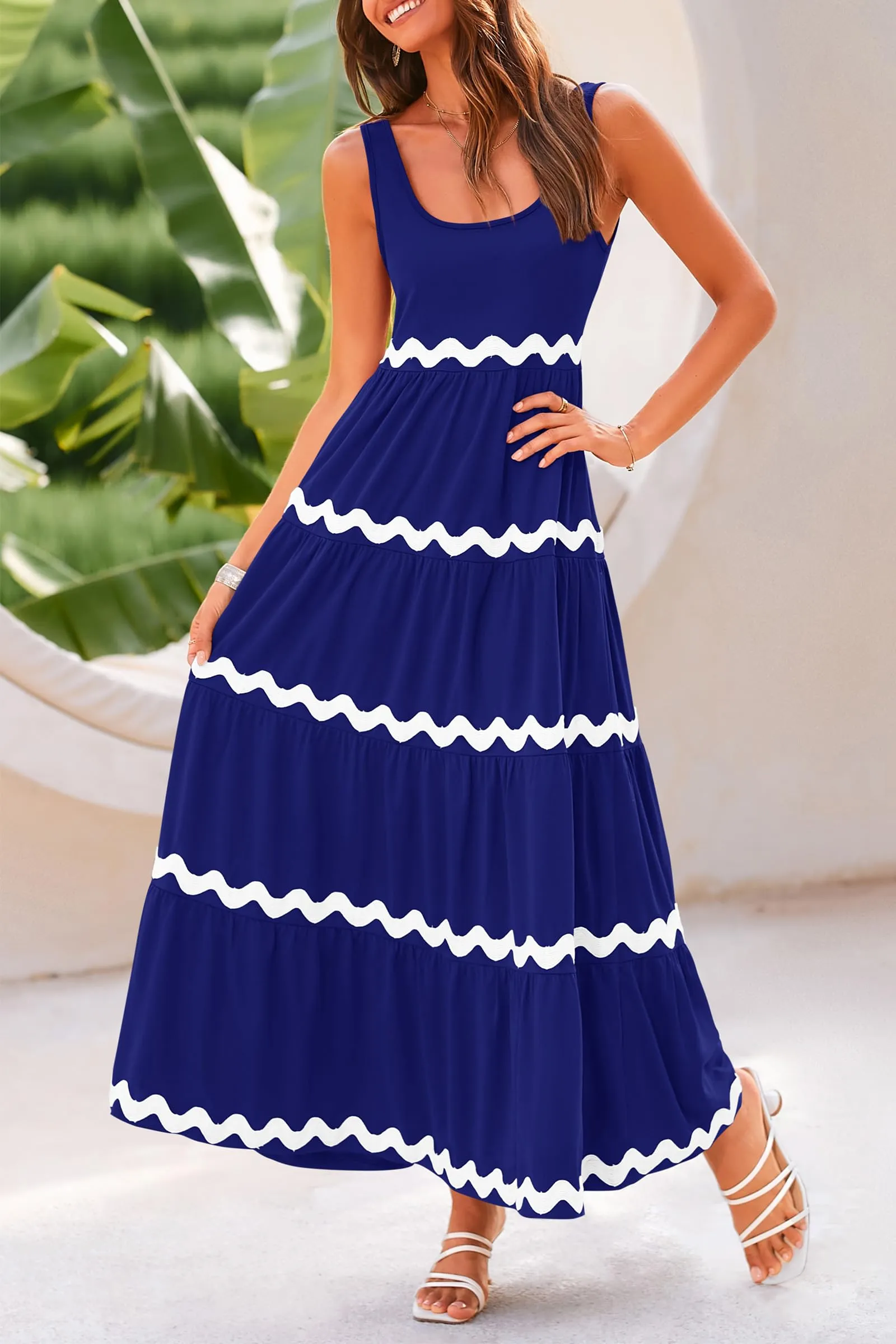 2024 Summer Sundresses Sleeveless Scoop Neck Tiered Flowy Beach Vacation Party Long Maxi Dress