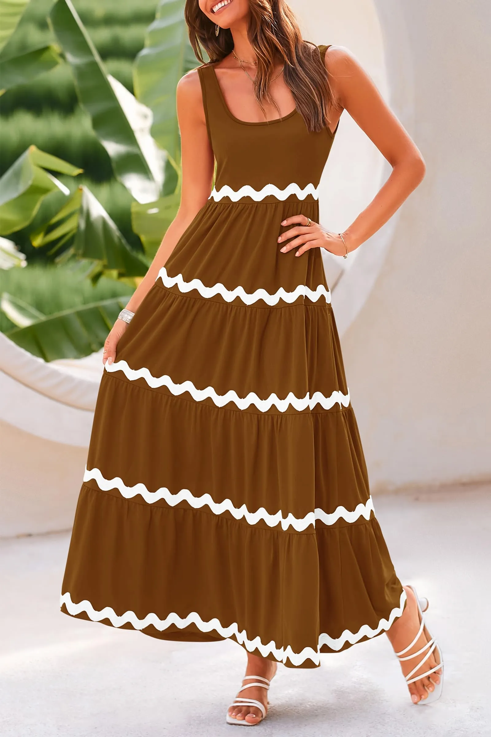 2024 Summer Sundresses Sleeveless Scoop Neck Tiered Flowy Beach Vacation Party Long Maxi Dress