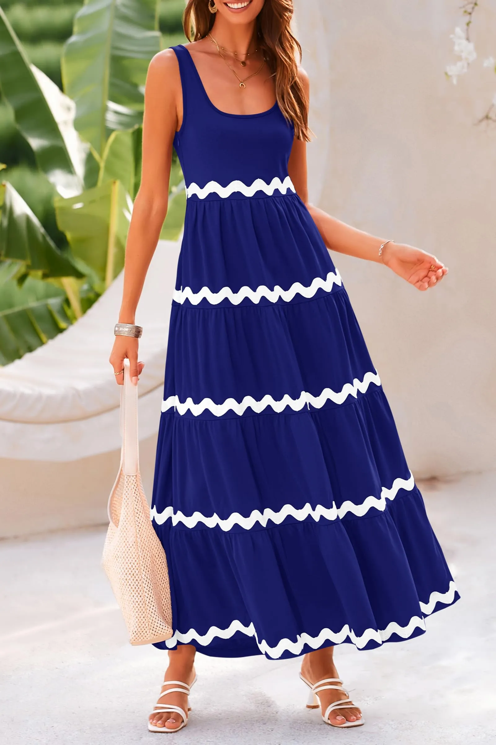 2024 Summer Sundresses Sleeveless Scoop Neck Tiered Flowy Beach Vacation Party Long Maxi Dress