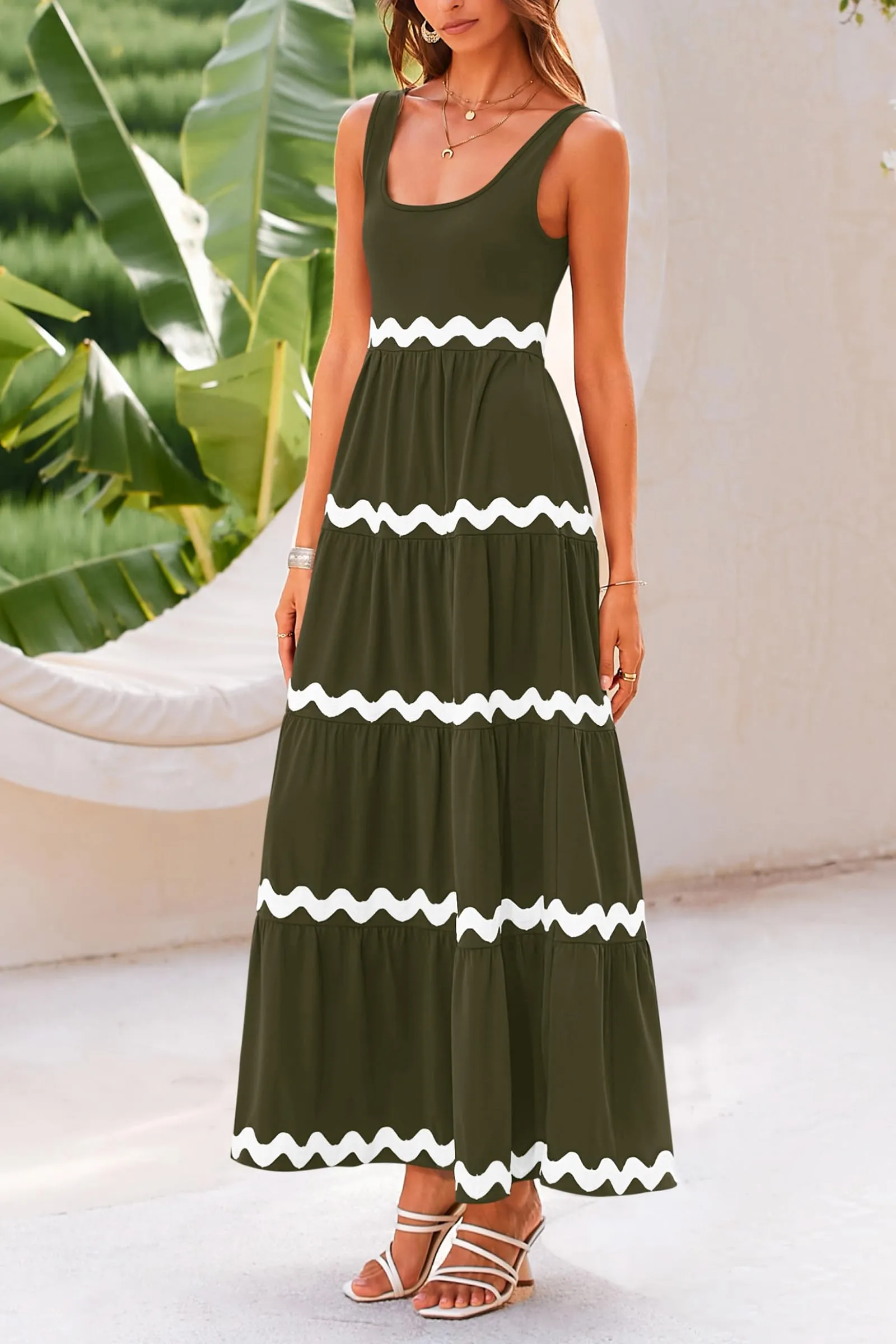 2024 Summer Sundresses Sleeveless Scoop Neck Tiered Flowy Beach Vacation Party Long Maxi Dress