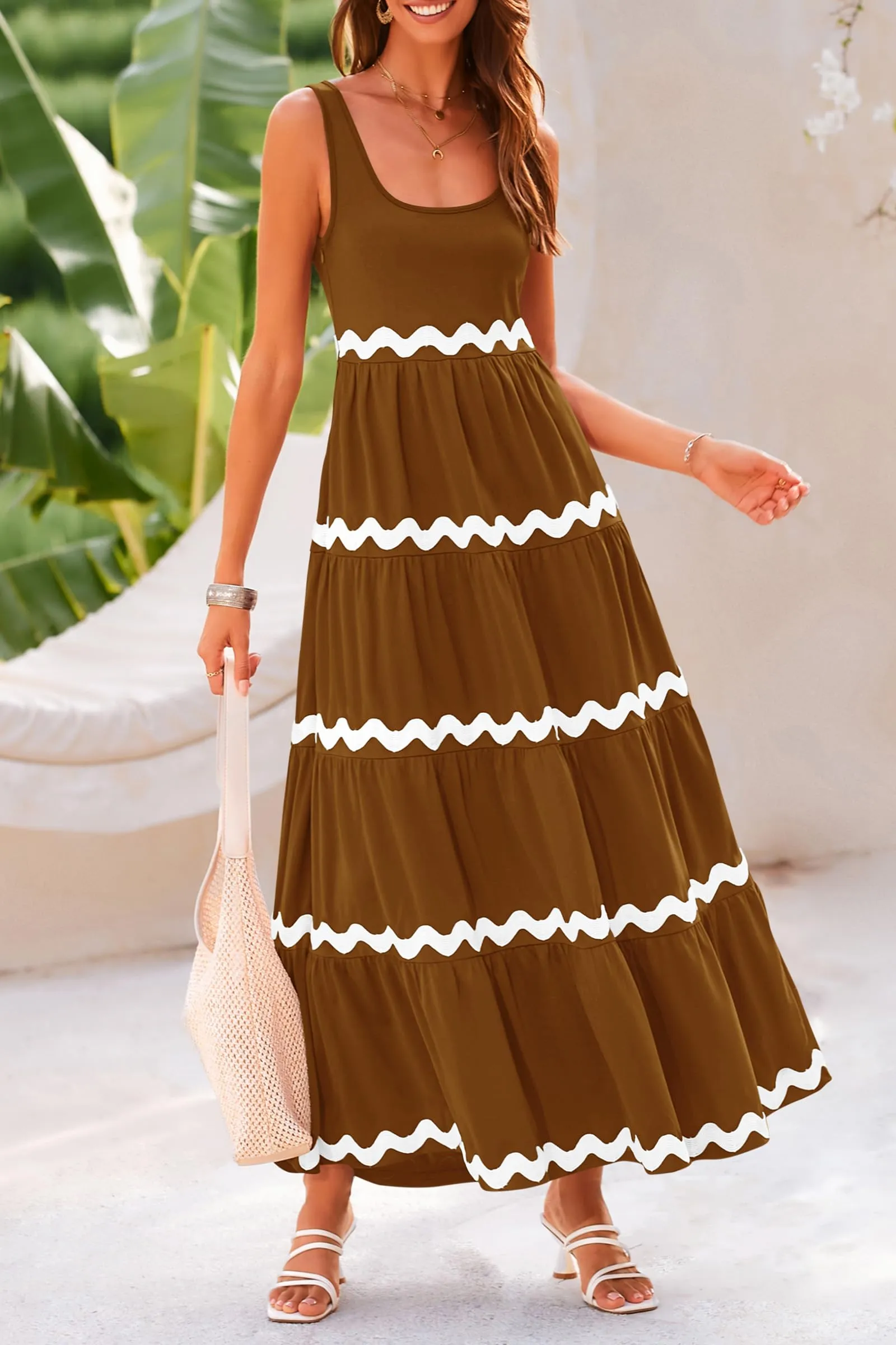 2024 Summer Sundresses Sleeveless Scoop Neck Tiered Flowy Beach Vacation Party Long Maxi Dress