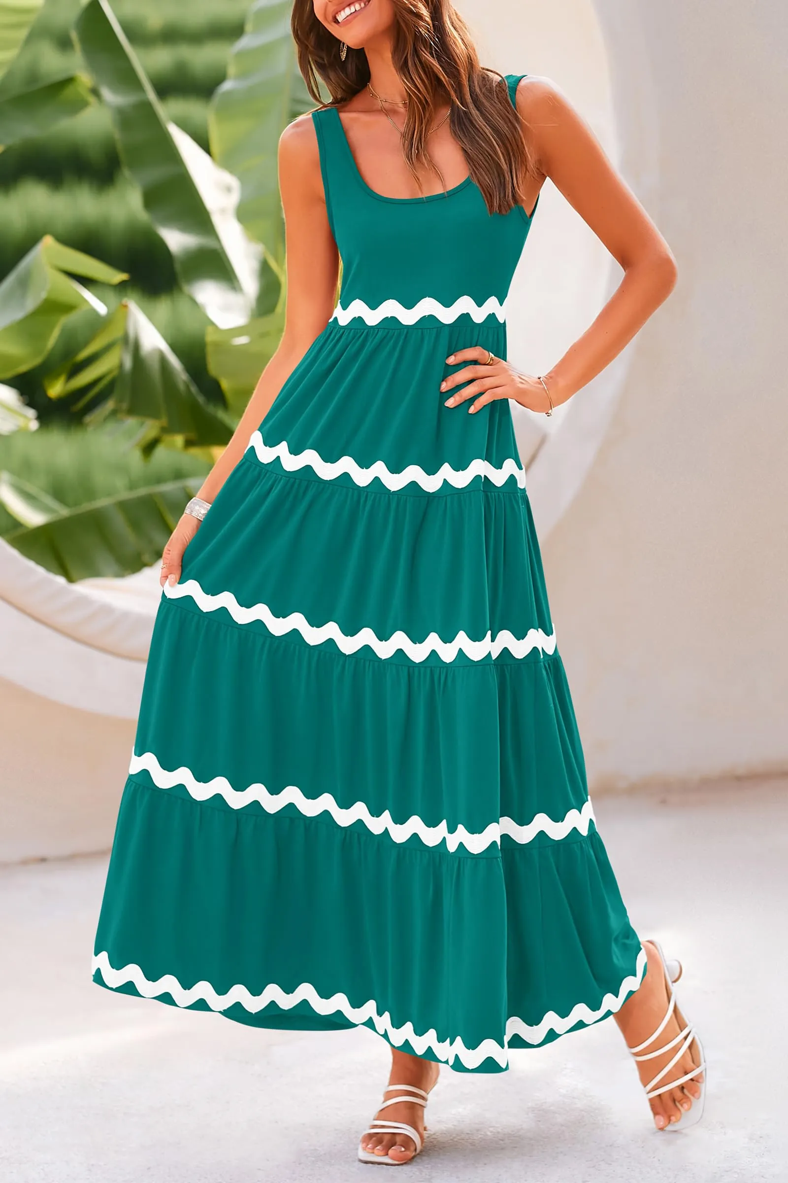 2024 Summer Sundresses Sleeveless Scoop Neck Tiered Flowy Beach Vacation Party Long Maxi Dress