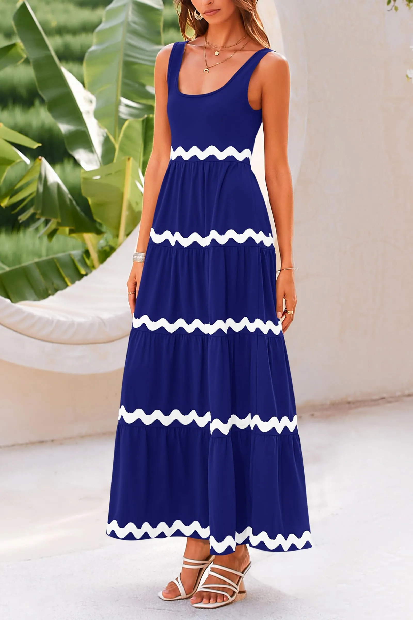 2024 Summer Sundresses Sleeveless Scoop Neck Tiered Flowy Beach Vacation Party Long Maxi Dress