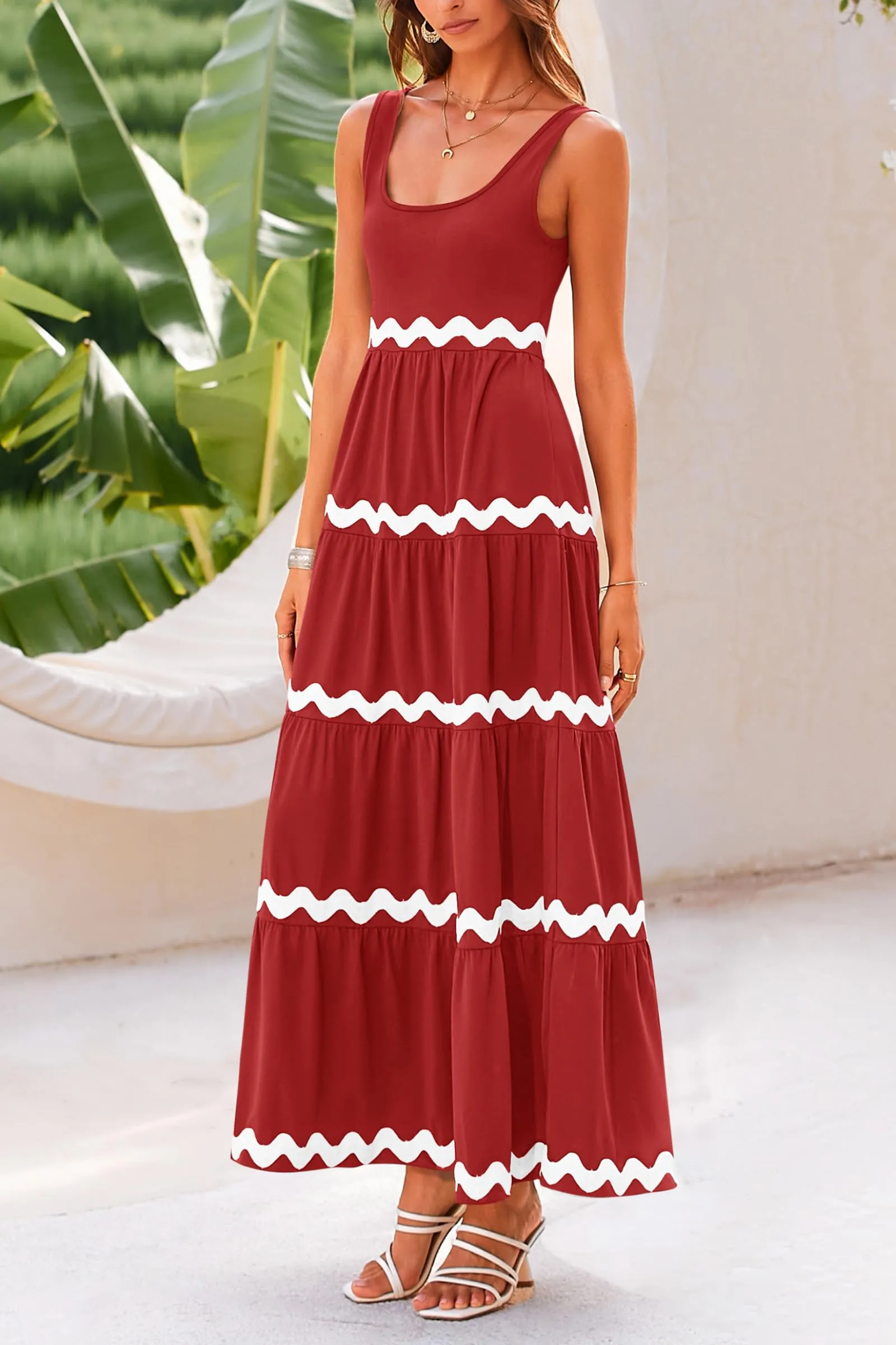 2024 Summer Sundresses Sleeveless Scoop Neck Tiered Flowy Beach Vacation Party Long Maxi Dress