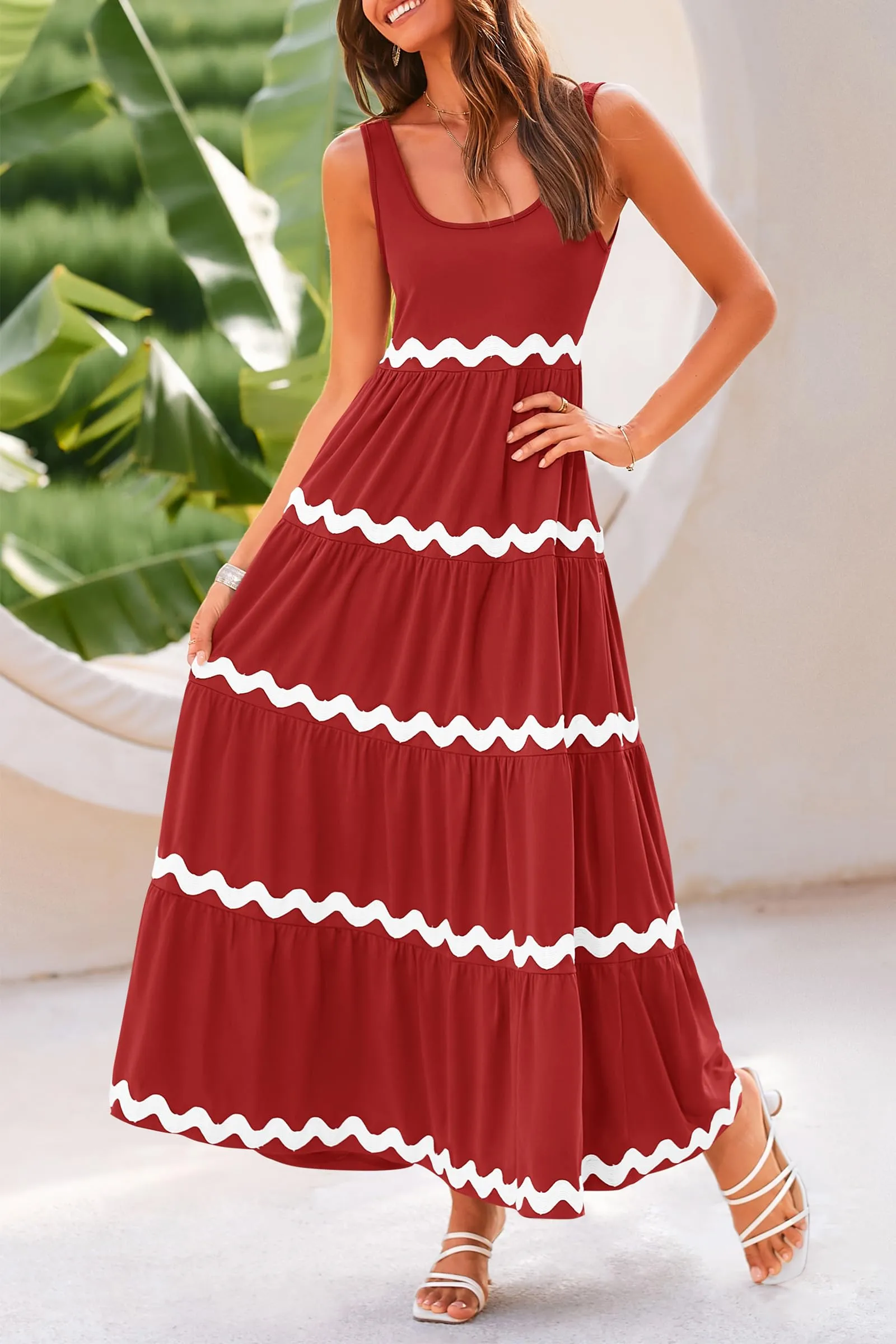 2024 Summer Sundresses Sleeveless Scoop Neck Tiered Flowy Beach Vacation Party Long Maxi Dress