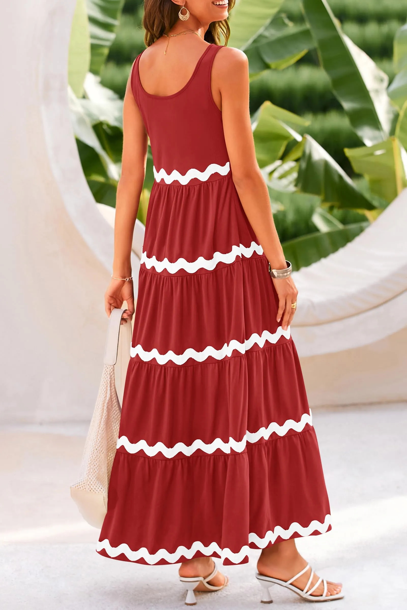 2024 Summer Sundresses Sleeveless Scoop Neck Tiered Flowy Beach Vacation Party Long Maxi Dress