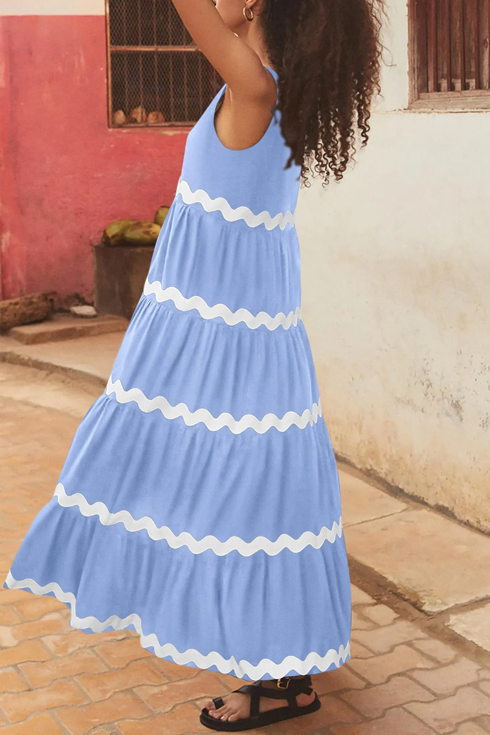 2024 Summer Sundresses Sleeveless Scoop Neck Tiered Flowy Beach Vacation Party Long Maxi Dress