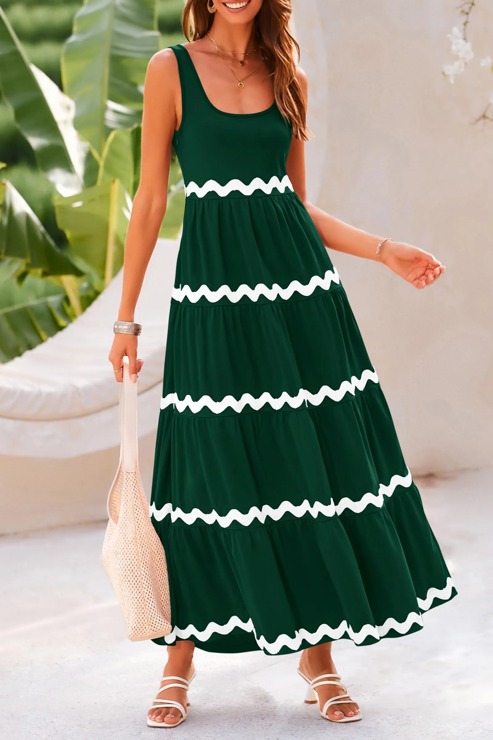 2024 Summer Sundresses Sleeveless Scoop Neck Tiered Flowy Beach Vacation Party Long Maxi Dress