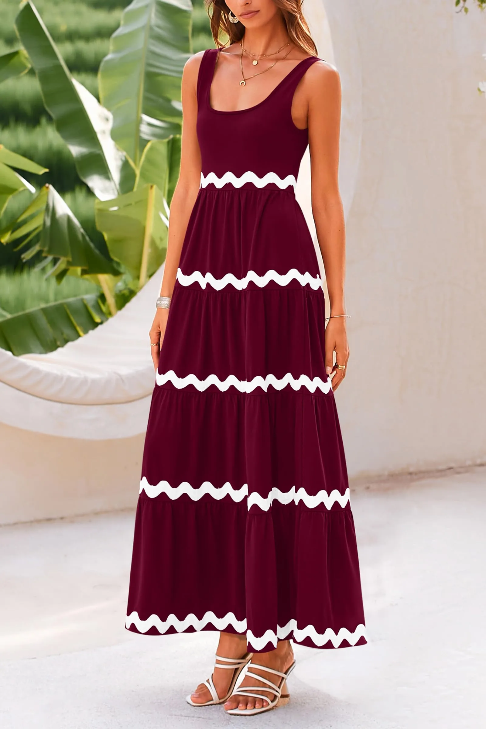 2024 Summer Sundresses Sleeveless Scoop Neck Tiered Flowy Beach Vacation Party Long Maxi Dress