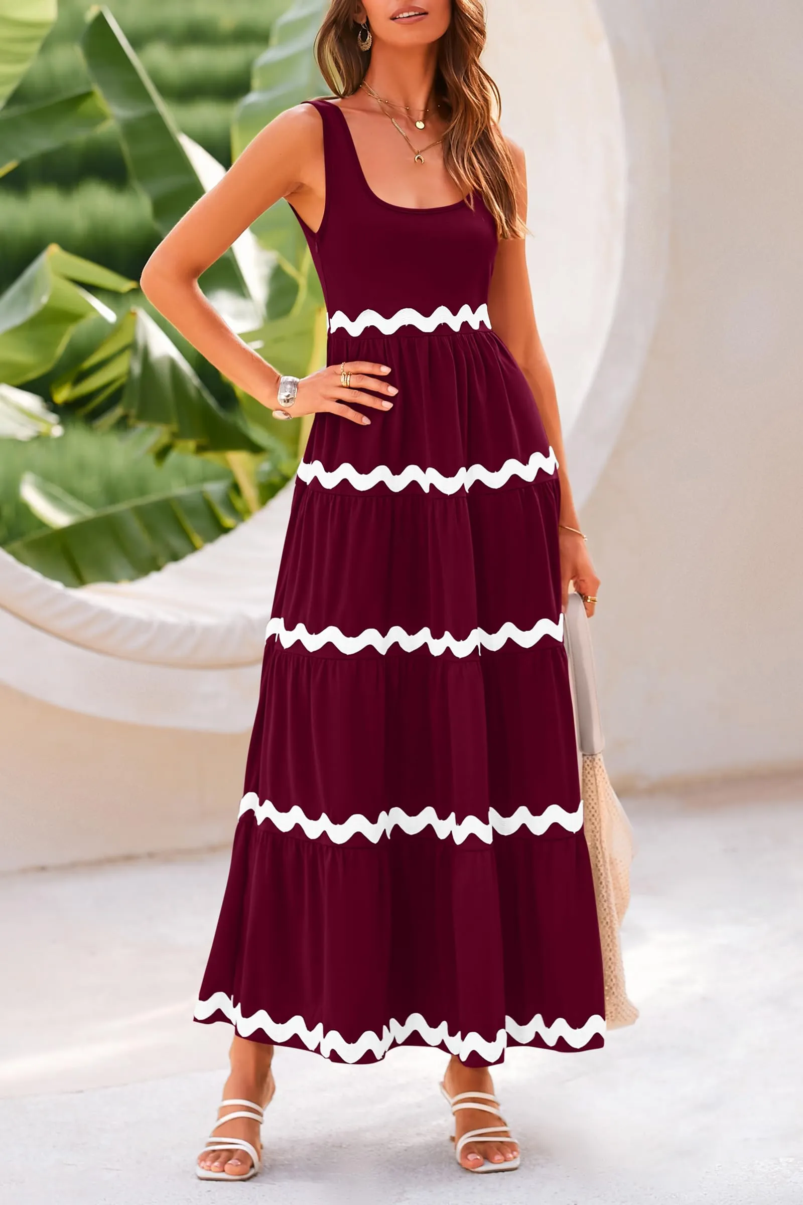 2024 Summer Sundresses Sleeveless Scoop Neck Tiered Flowy Beach Vacation Party Long Maxi Dress