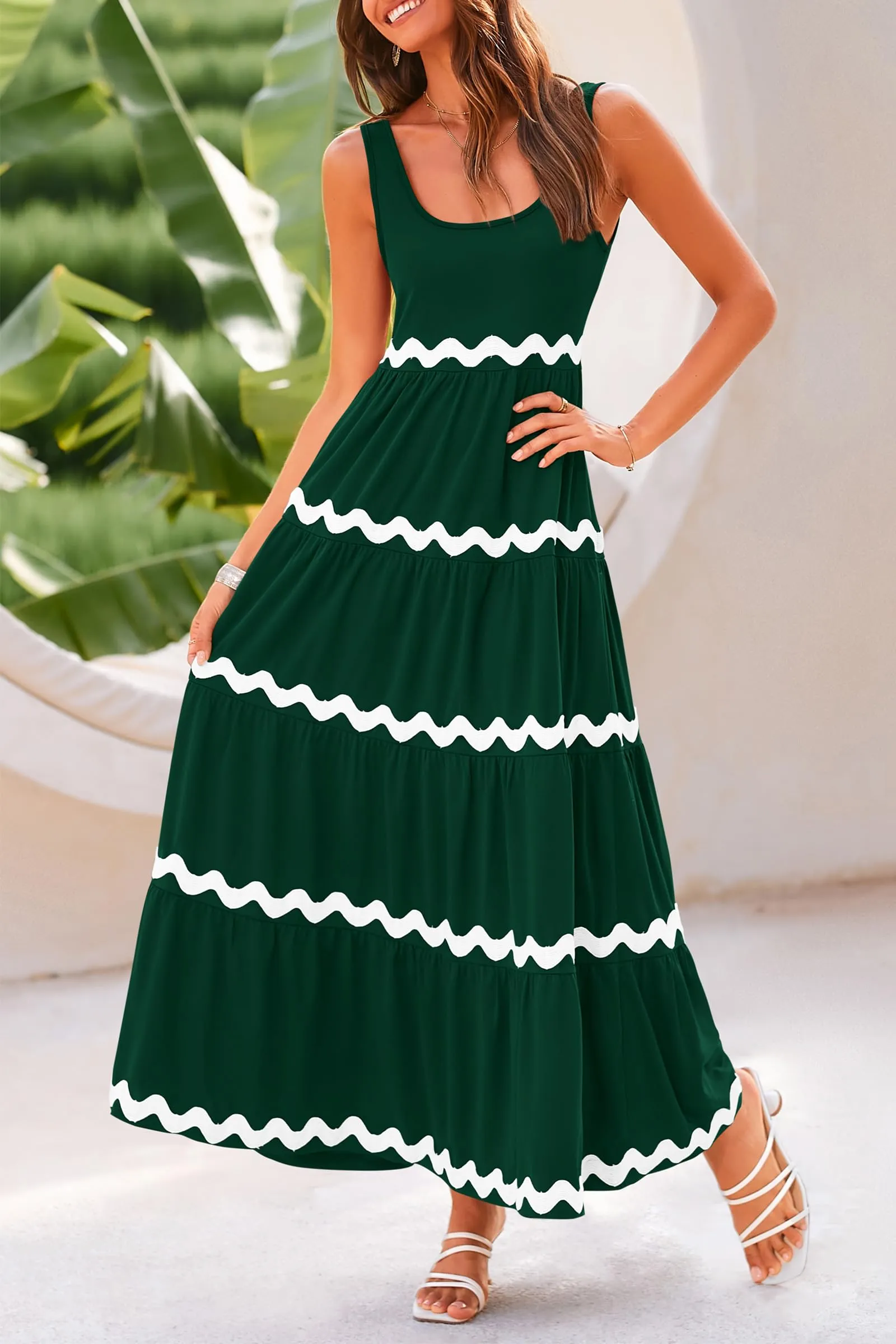 2024 Summer Sundresses Sleeveless Scoop Neck Tiered Flowy Beach Vacation Party Long Maxi Dress