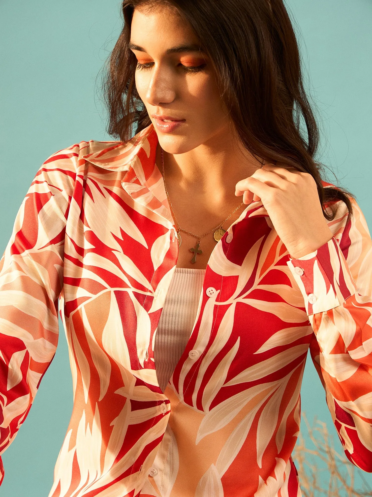 Berrylush Women Multicolour Leaf Printed Collar Neck Button-Up Regular Shirt & High-Rise Waist Slip-On Mini Shorts Co-Ord Set