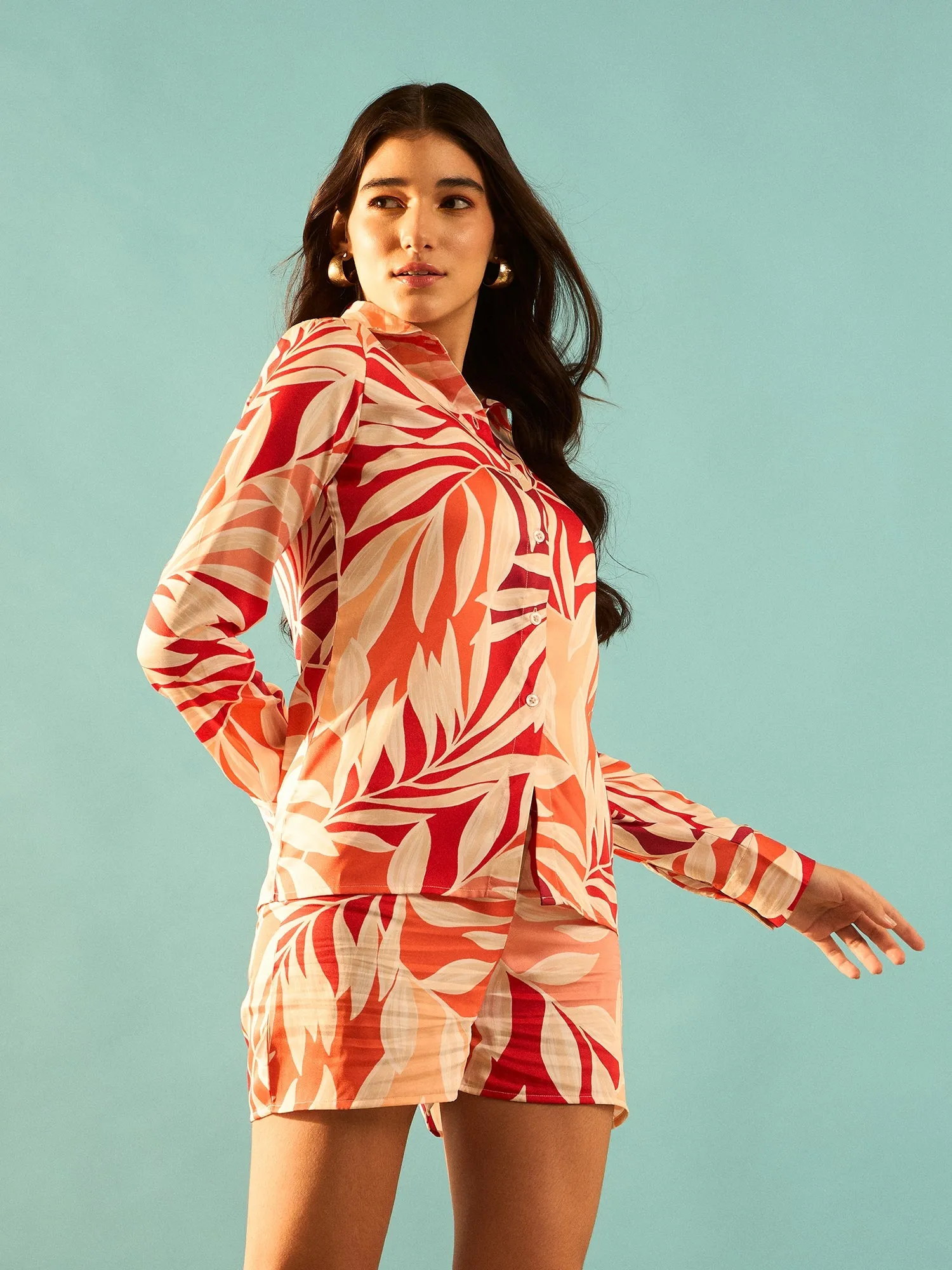 Berrylush Women Multicolour Leaf Printed Collar Neck Button-Up Regular Shirt & High-Rise Waist Slip-On Mini Shorts Co-Ord Set