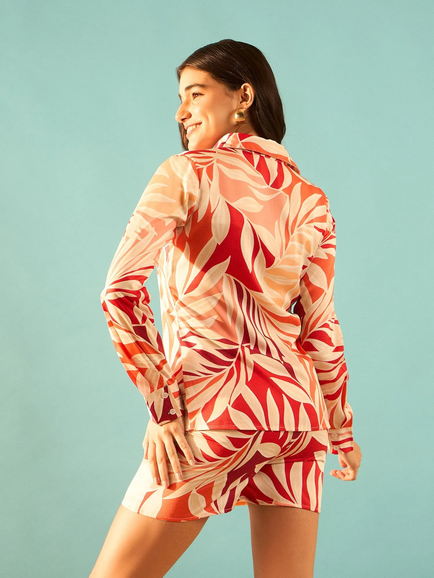 Berrylush Women Multicolour Leaf Printed Collar Neck Button-Up Regular Shirt & High-Rise Waist Slip-On Mini Shorts Co-Ord Set