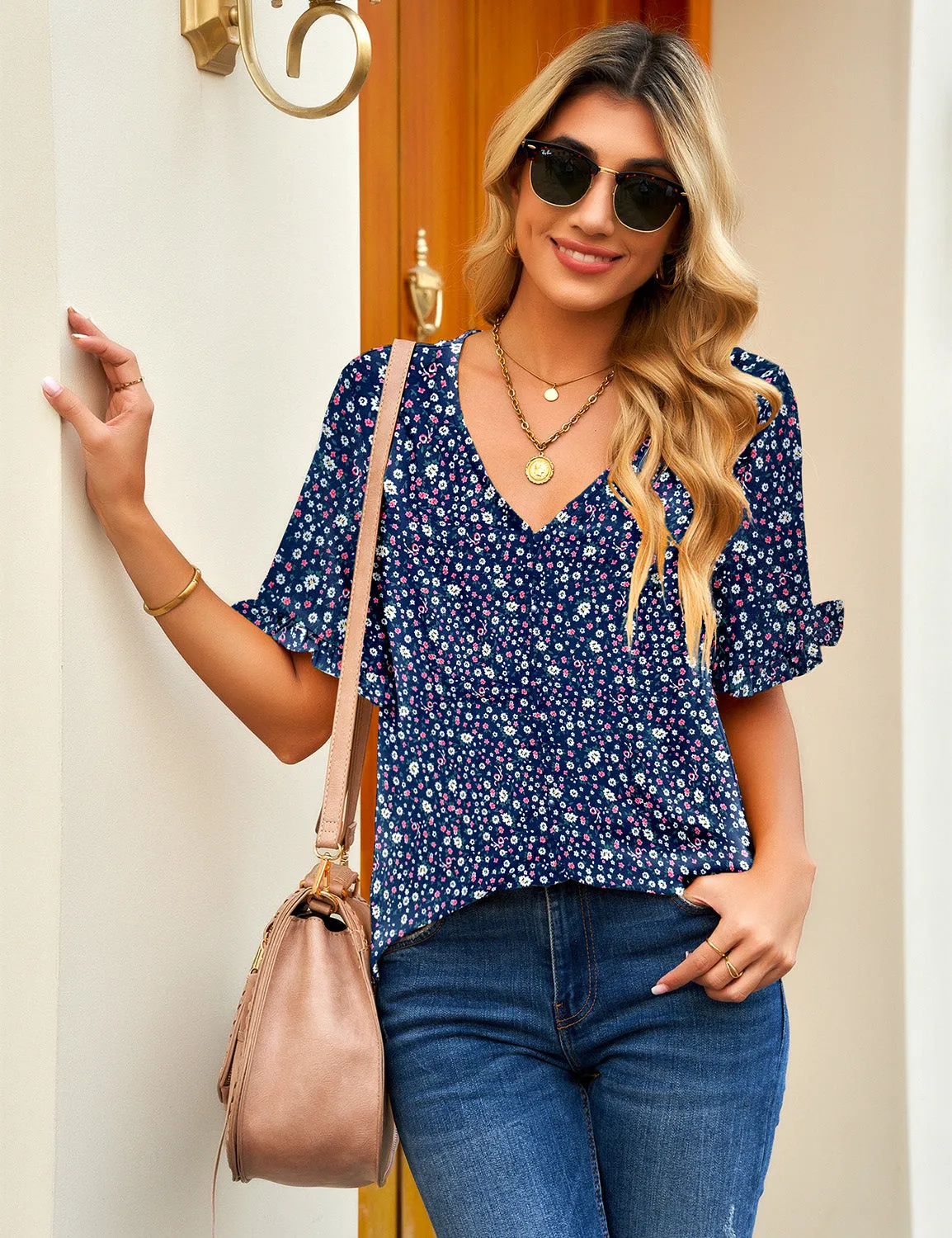 Blue Ruffle Trim Short Sleeves Printed V-Neck Button-Down Top