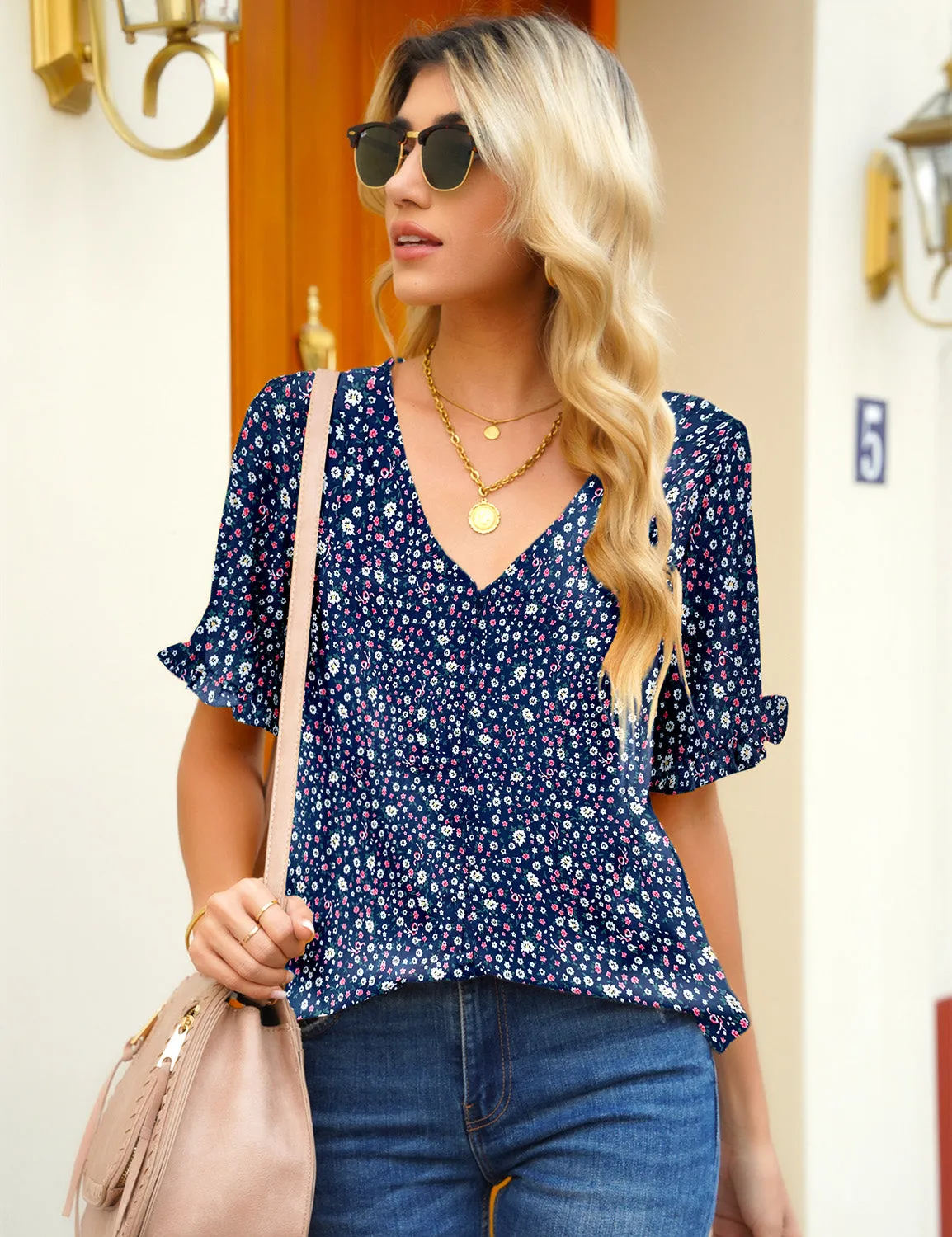 Blue Ruffle Trim Short Sleeves Printed V-Neck Button-Down Top