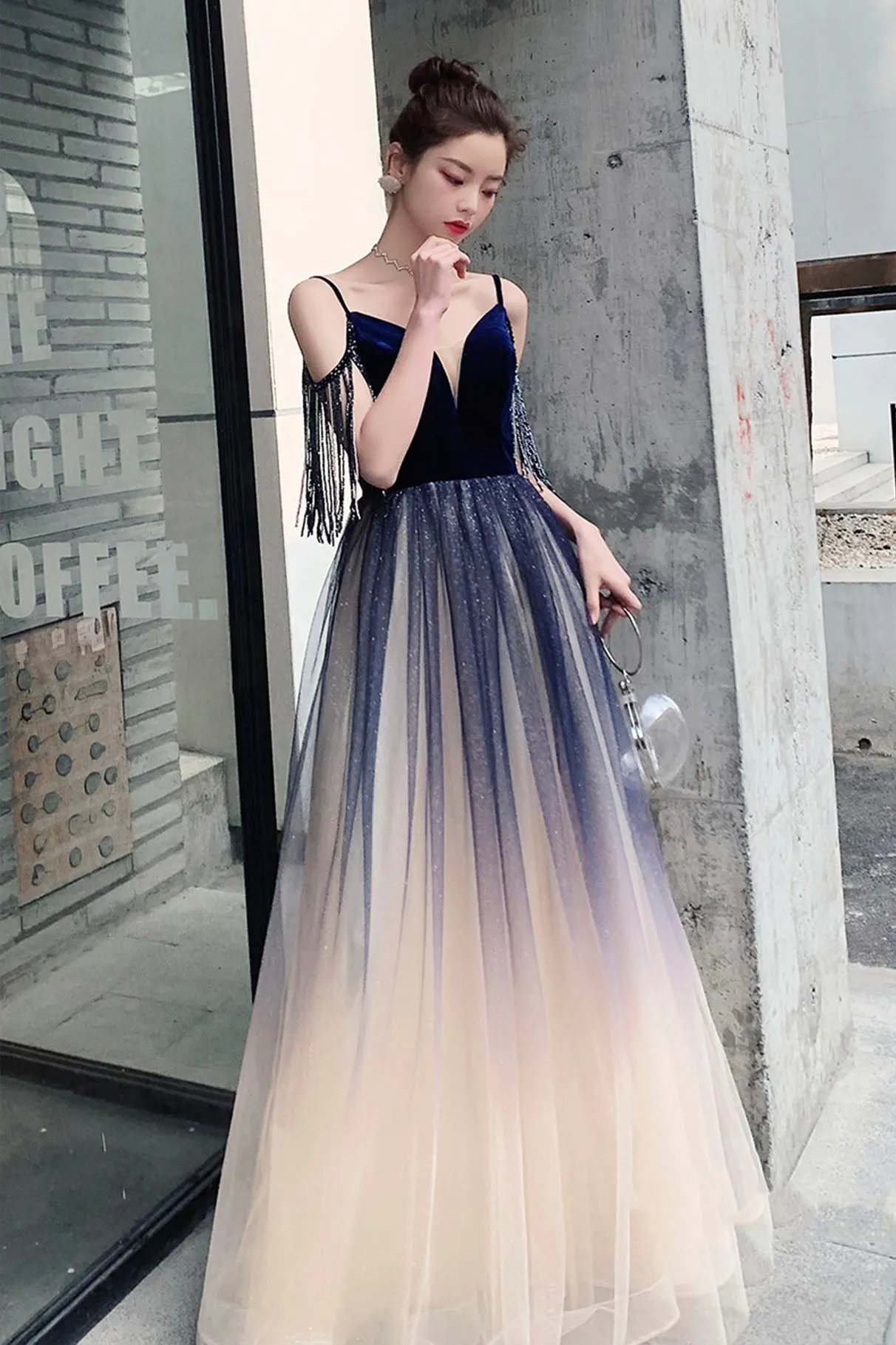 Blue Spaghetti Strap Gradient Long Formal Dress, A-Line V-Neck Prom Dress