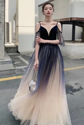 Blue Spaghetti Strap Gradient Long Formal Dress, A-Line V-Neck Prom Dress